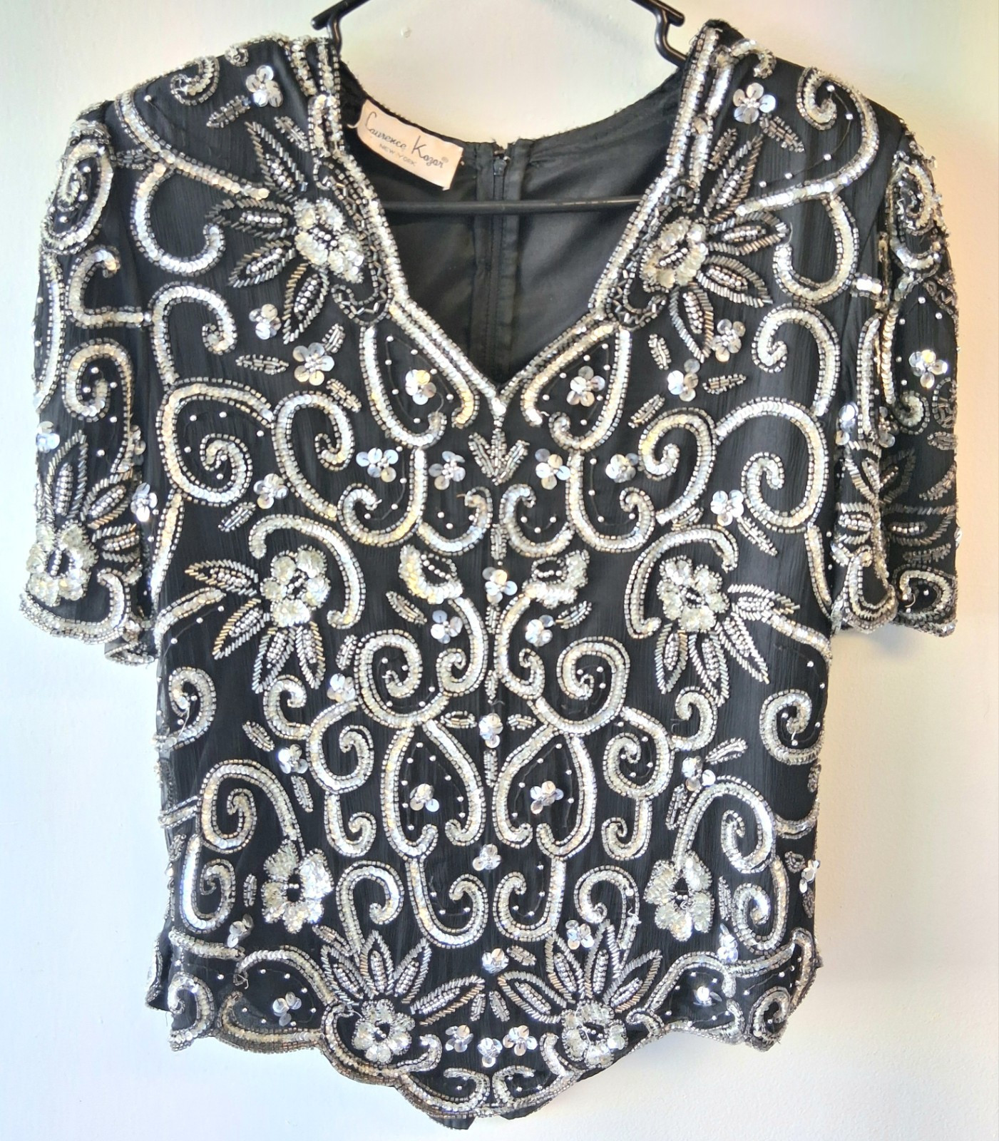 Vintage Womens Large Top Laurence Kazar Black Silver Sequin Beaded Blouse Gatsby