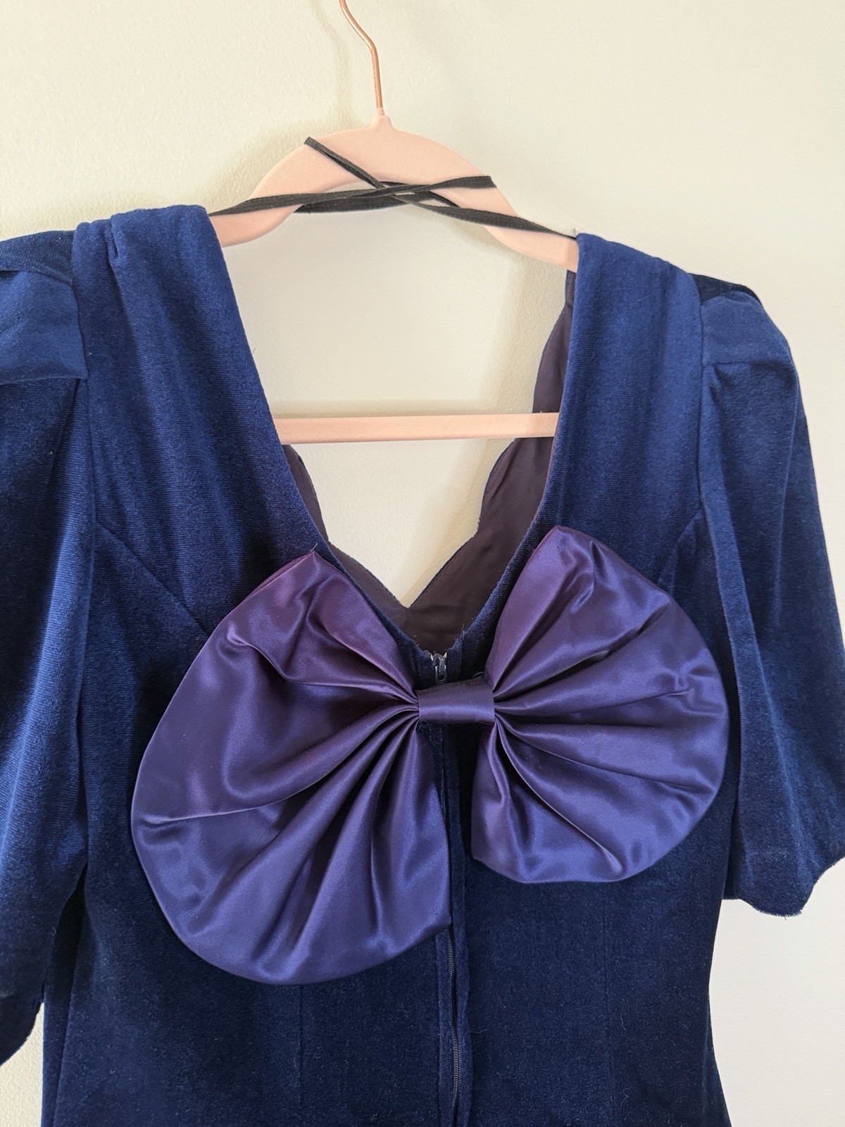 Vintage Jodi Michaels Velvet Dress Size 5 Navy Blue Puff Sleeve Satin Bow 90s