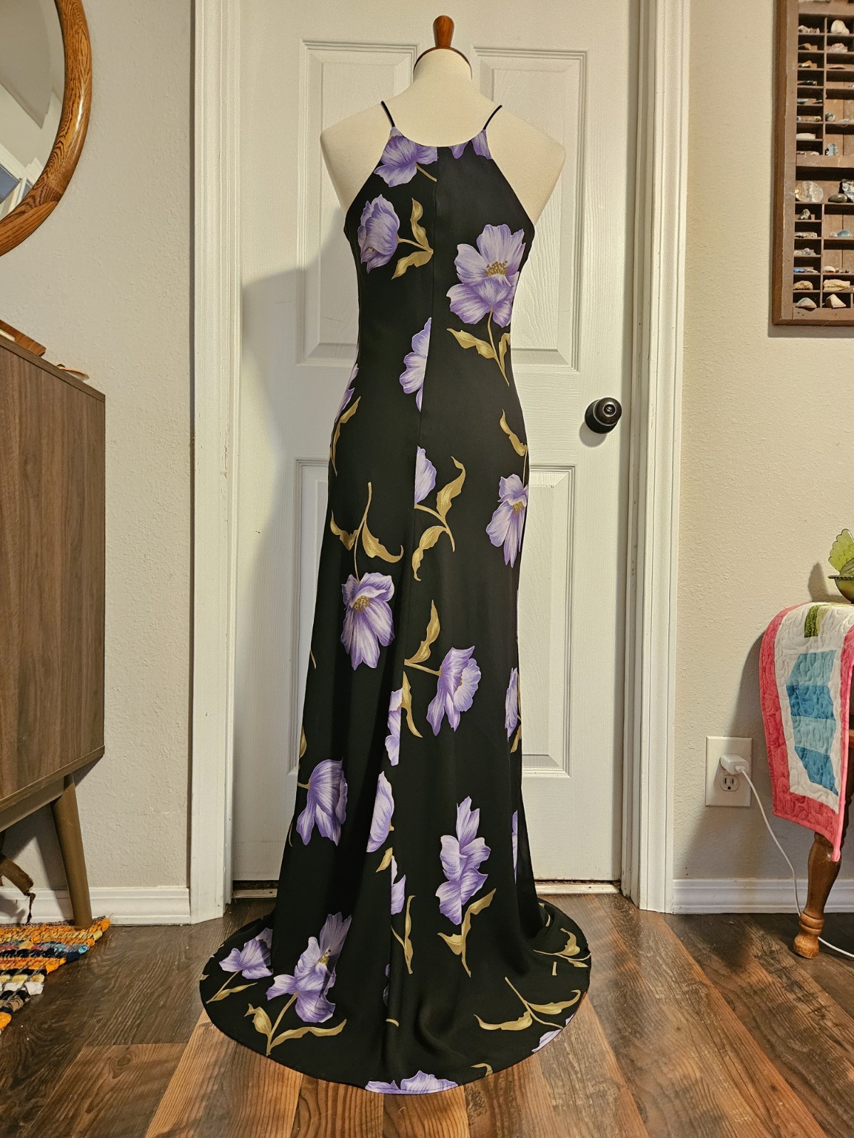 Vintage 90s Hampton Nites Black Purple Floral Sleeveless Maxi Dress Size 8