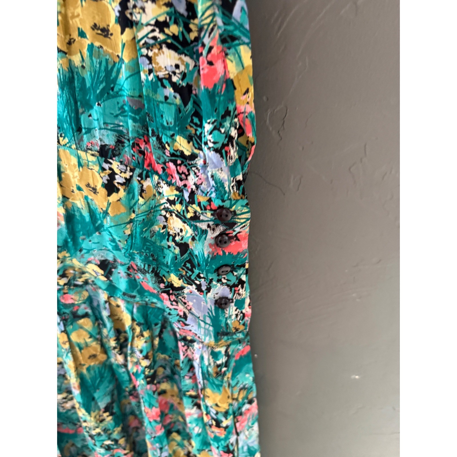 Michelle Stuart Vintage Floral Rayon Midi Dress Teal Multi Strappy Back 9/10