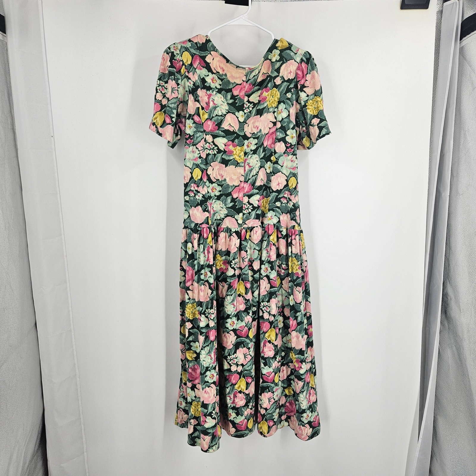 Vintage EXPO y2k 90’s Dress Green Pink Floral Grunge Button Front Midi Size 10
