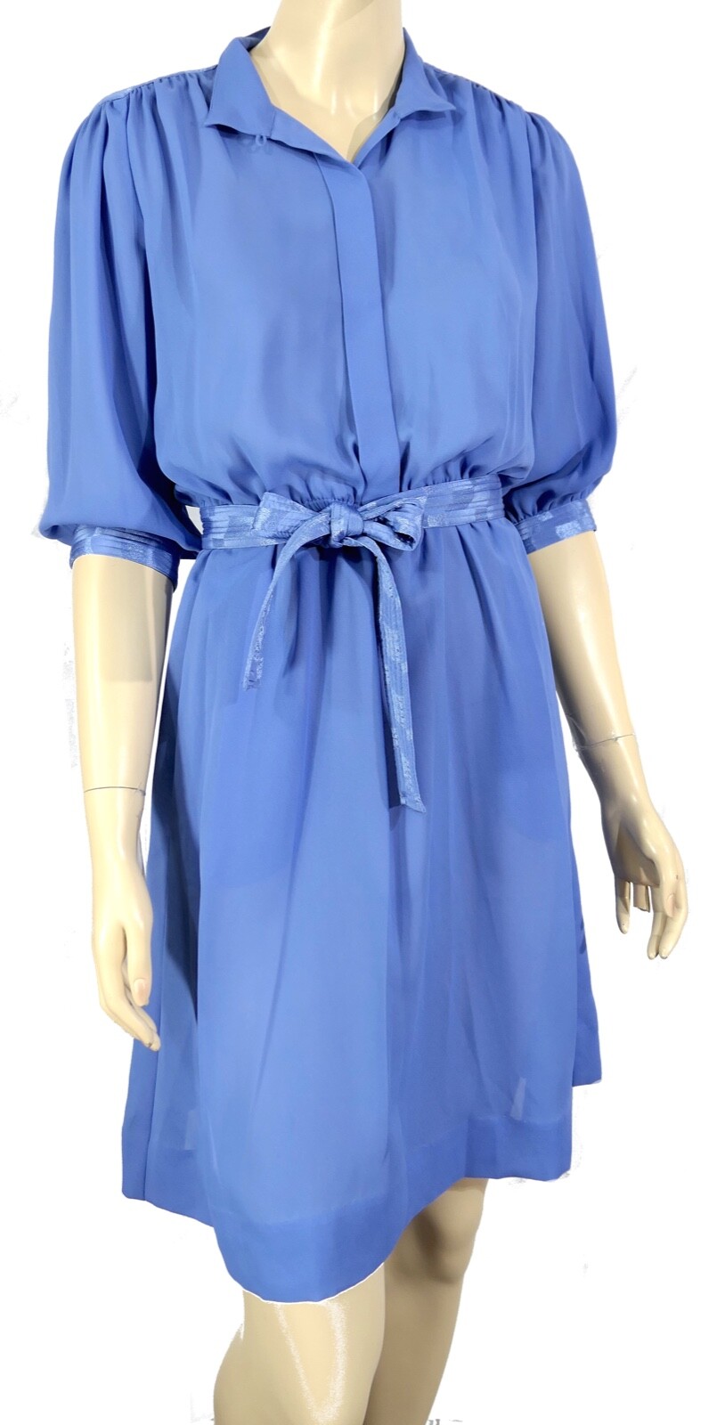 Vintage 70s Townhouse Petite Periwinkle Sheer Chiffon Belted Secretary Dress S/M