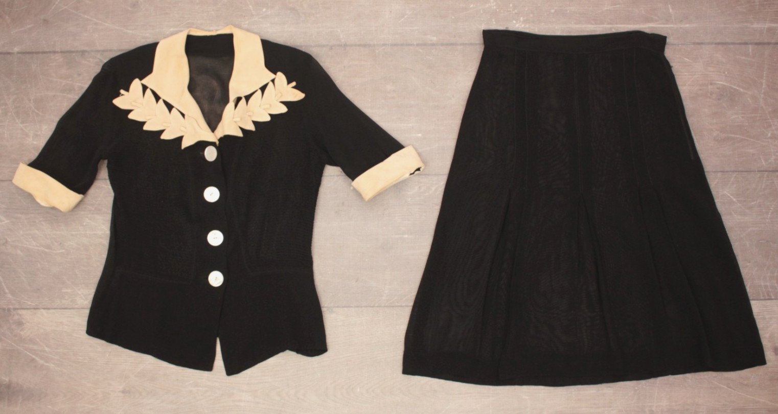 VTG Women’s 30s 2 Pc Black & Cream Trim Sheer Dress Set Sz S 1930s Dress Suit