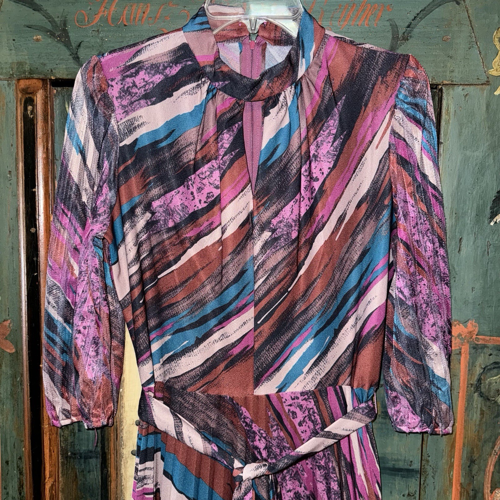 Vintage 1980s Whirlaway Frocks Pleated Mini Dress Sz L Plum Brushstrokes