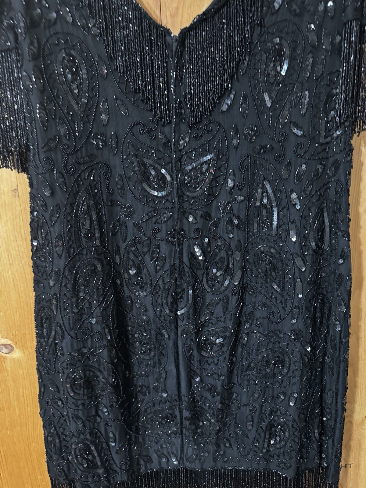 Mid 1990’s Black Tan Chho Sequinned & Beaded Dress with Fringe 2X BUST 44-48”