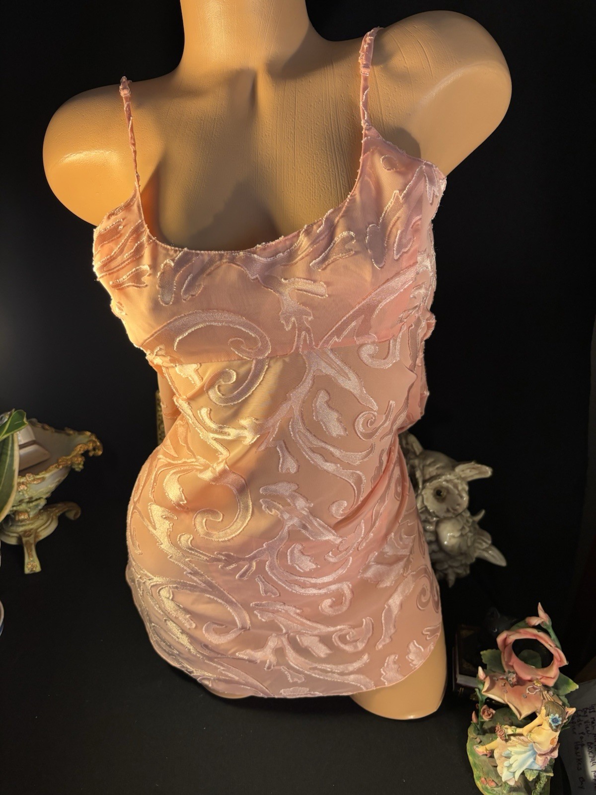 Vtg Satin Soft Burnout Nightie Thong Panties VS Babydoll Damask Sheer Gown Set S