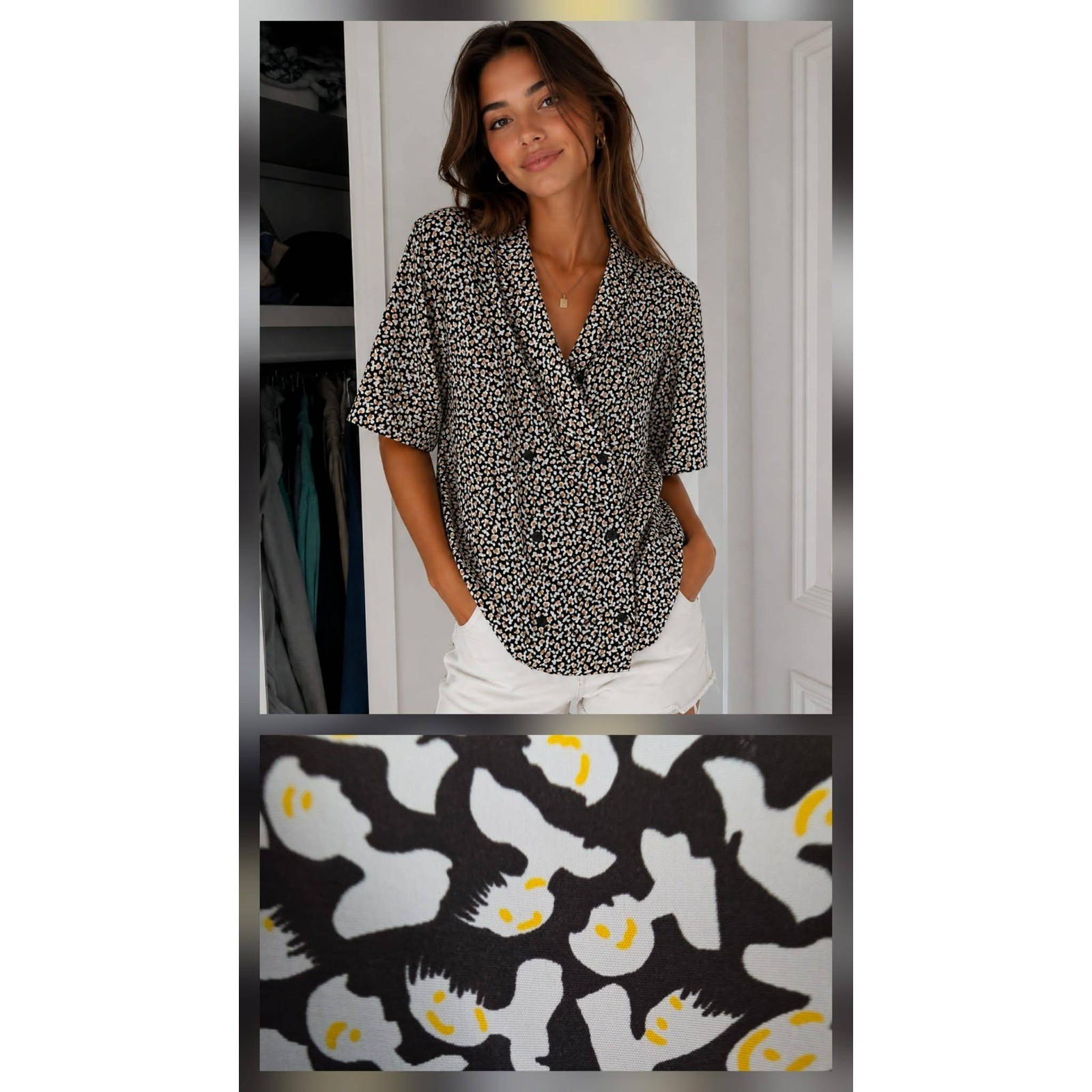 Vintage Stephanie Powers Abstract Face Print Double Breasted Blouse Black Size 8