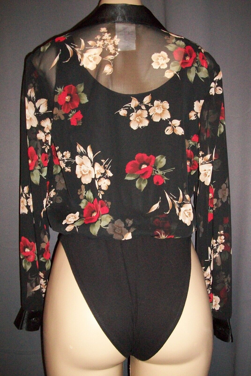 Vtg Black Rose Satin Bodysuit Panty Bottoms Shirt Top S