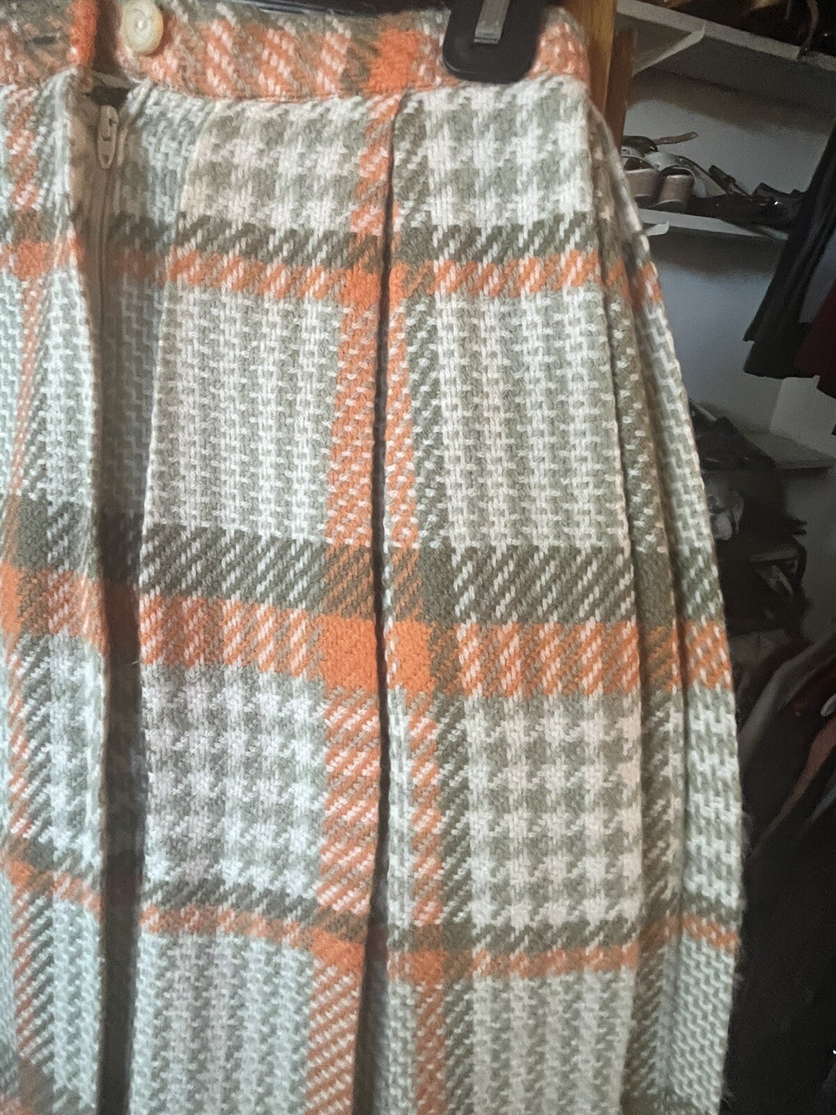 Vtg 1950s 60s Olive & Blue Wool Plaid Pleated Skirt S Just Below Knee Length EUC