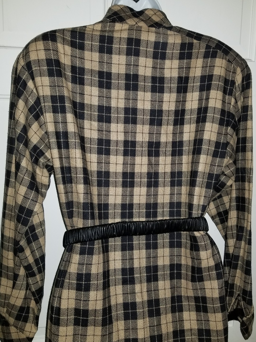 Tanner camel tan black check plaid wool long sleeve vintage dress. 12
