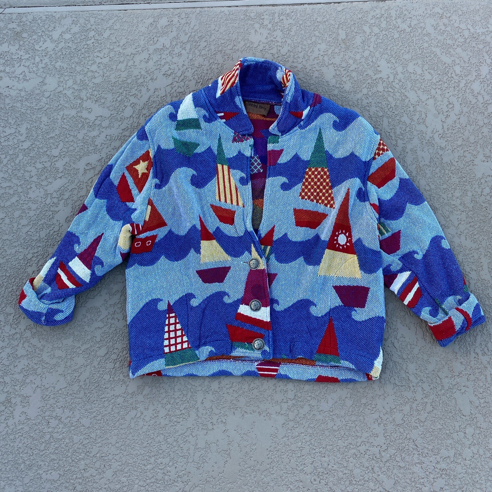 Vintage PAINTED PONY Women Tapestry Jacket Geometric Abstract Sail Boat Ocean