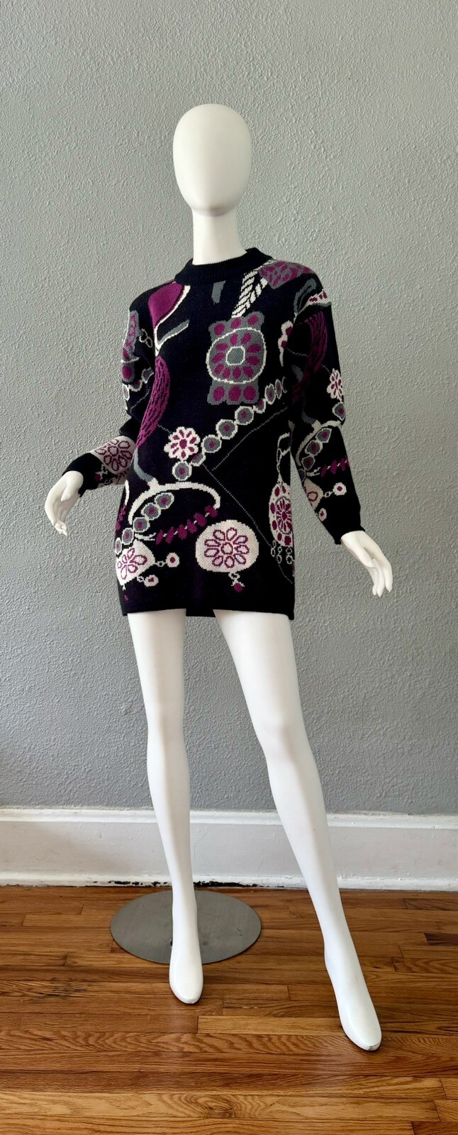 Vintage 80s Black Wool Funky CERVELLE Crew Tunic Sweater Top S