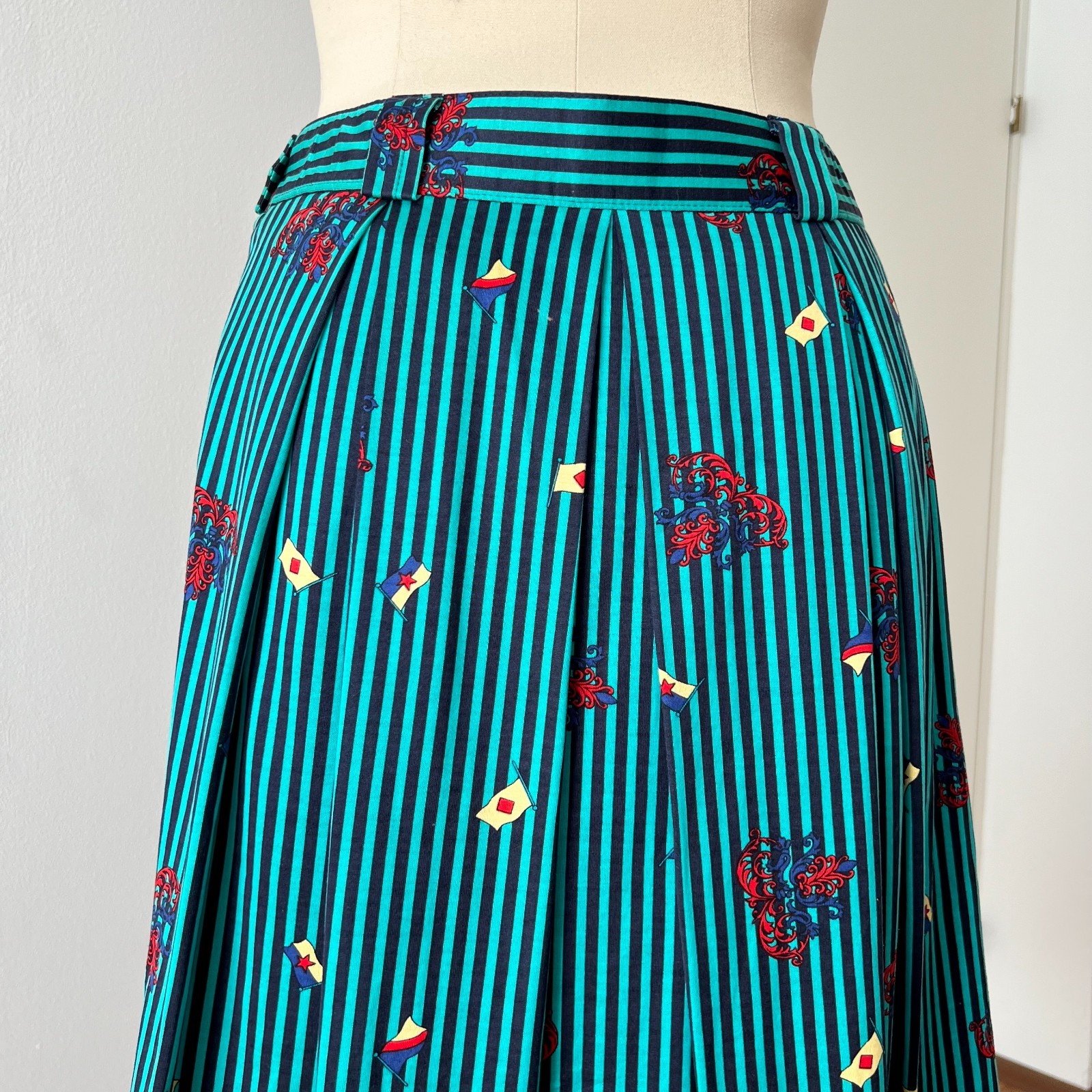 1980s BLEYLE Cotton Pleated High Waist Midi Skirt Preppy Summer Striped Aline 38