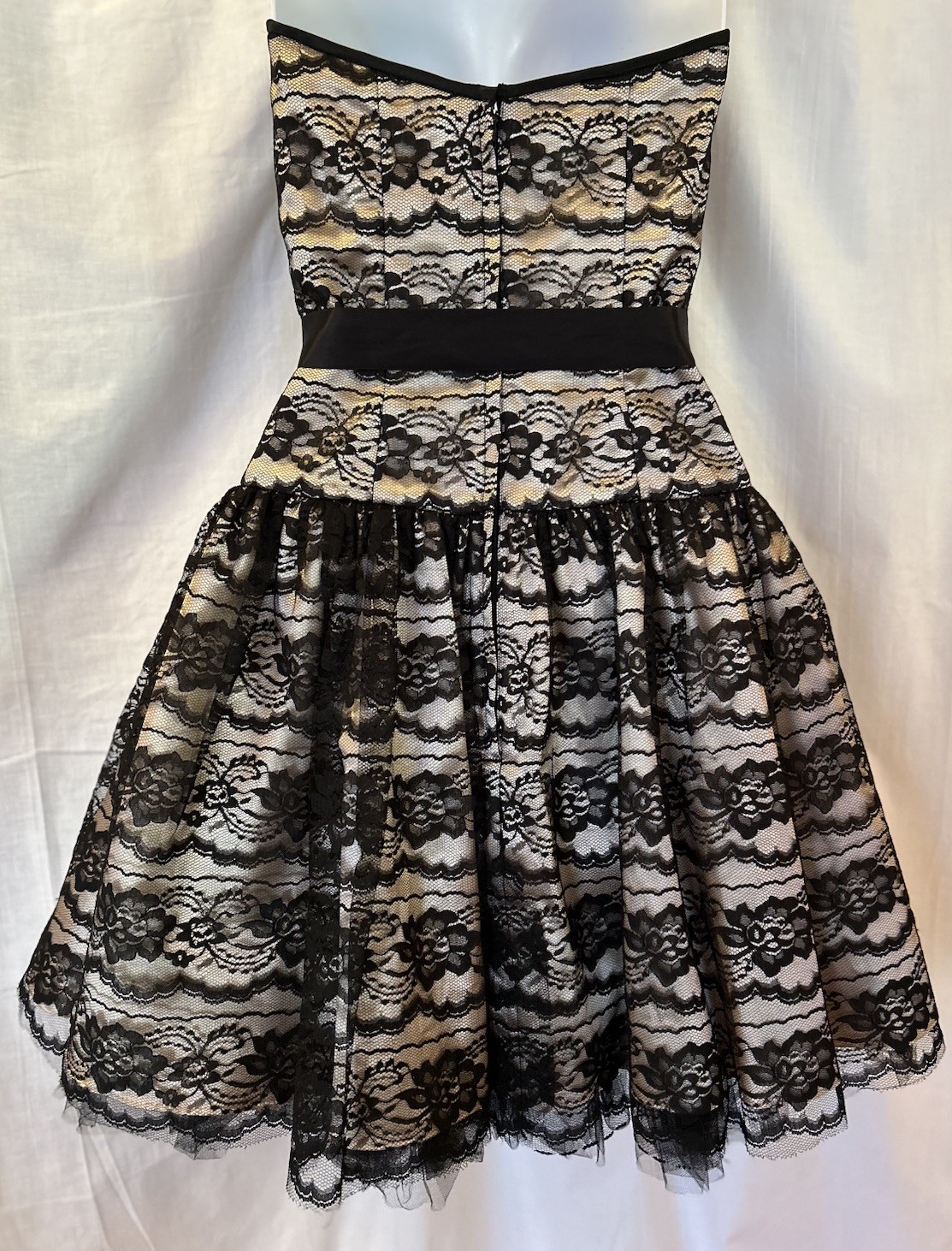 VTG 90s Gunne Sax Black Lace Champagne Satin Strapless Formal Prom Mini Dress 4