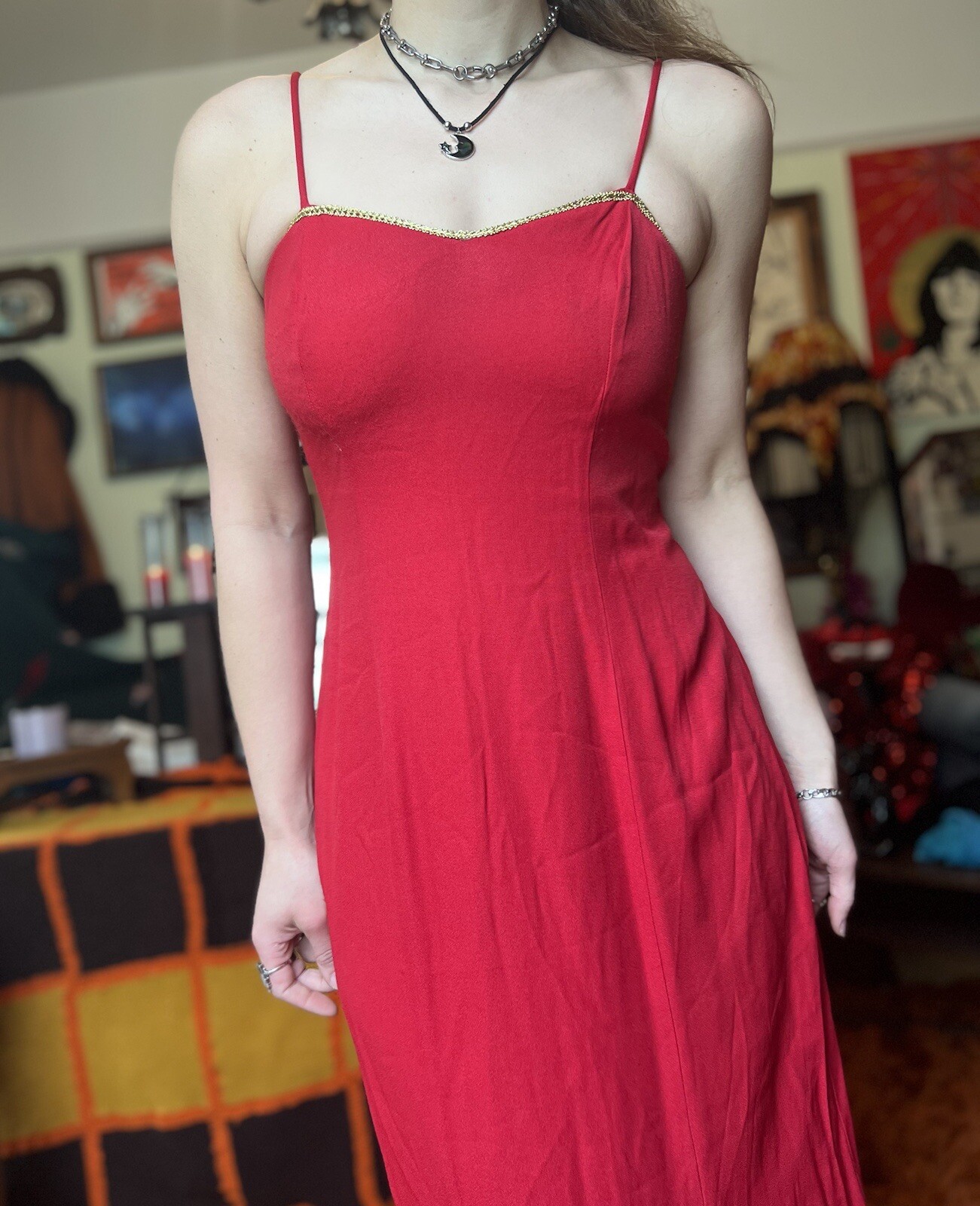 Vintage 90s Red Maxi Dress Circus Burlesque Old Hollywood Prom Moulin Rouge SZ10