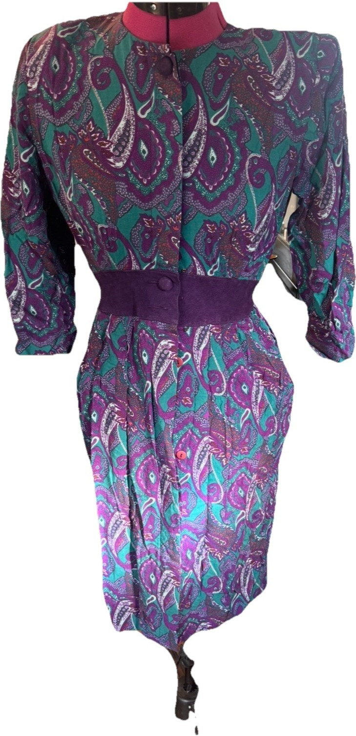 Paisley Print Shirt Dress Purple Green Pink Belted Long Sleeve Vintage – Small