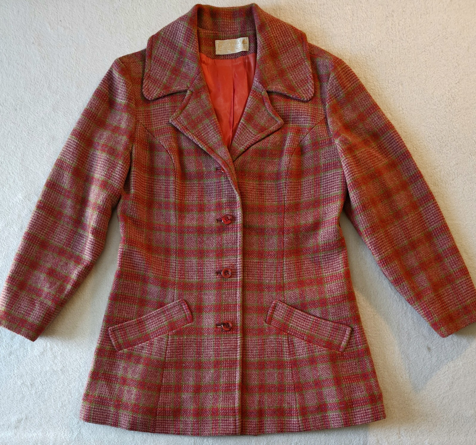 Vtg 1960’s PENDLETON Long 4-Button Fitted Blazer Womens S Salmon Plaid