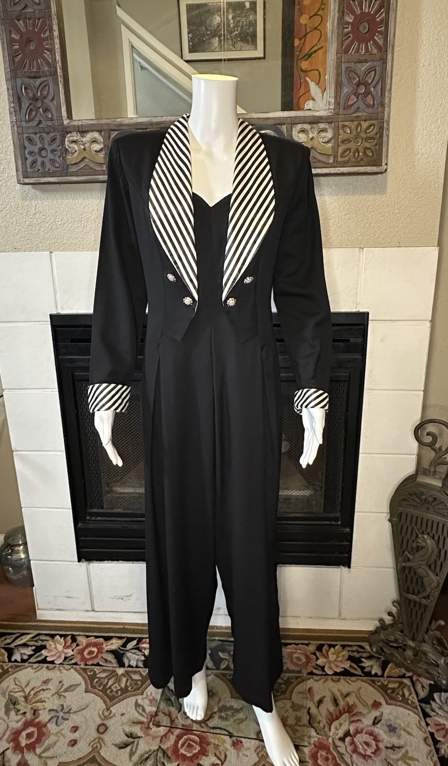 Vintage Black Striped Shawl Collar Wide Leg Palazzo Tie Back Tuxedo Jumpsuit