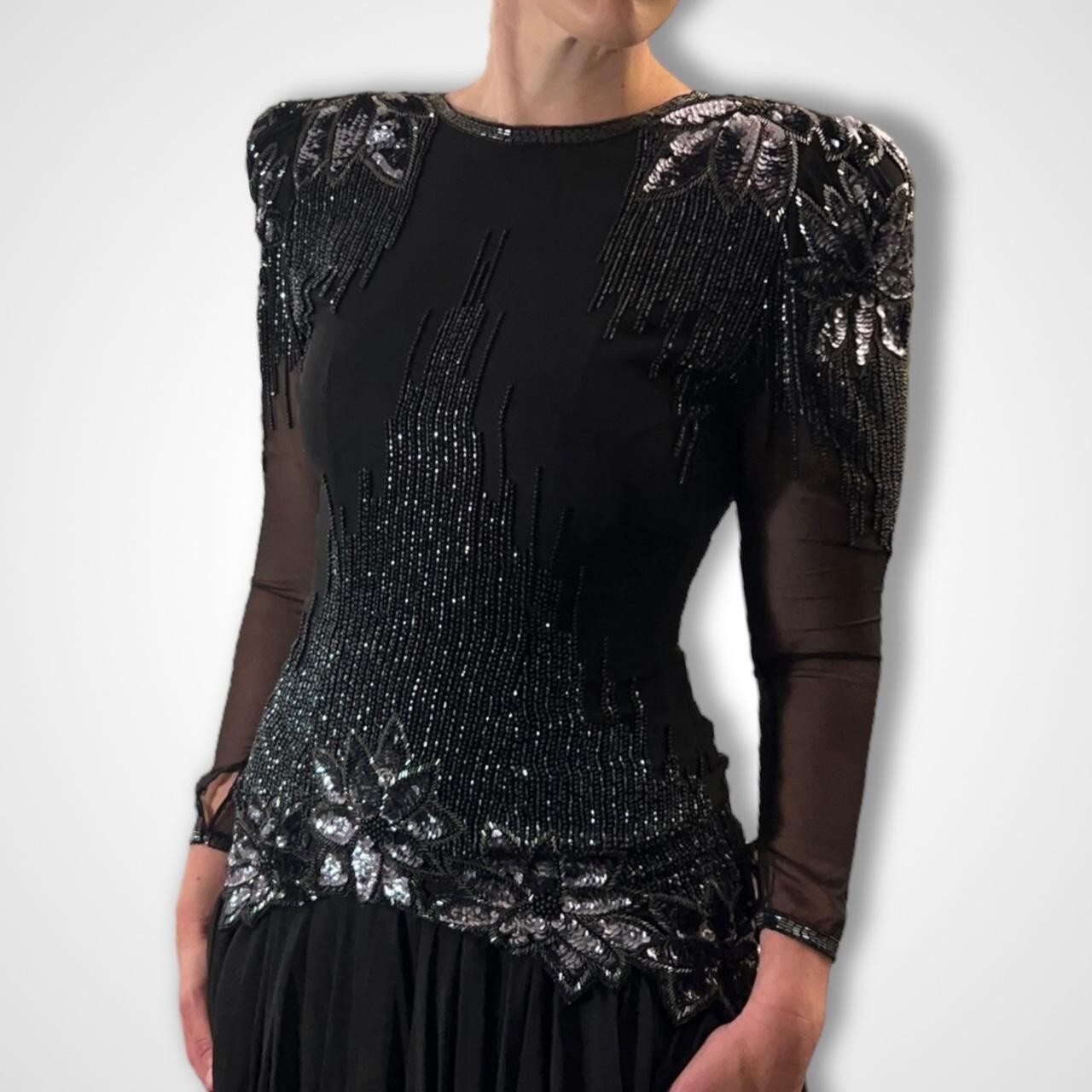 Sequined Beaded Vintage 90s Drop Waist Black Silver Floral Dress Gatsby 20s Para