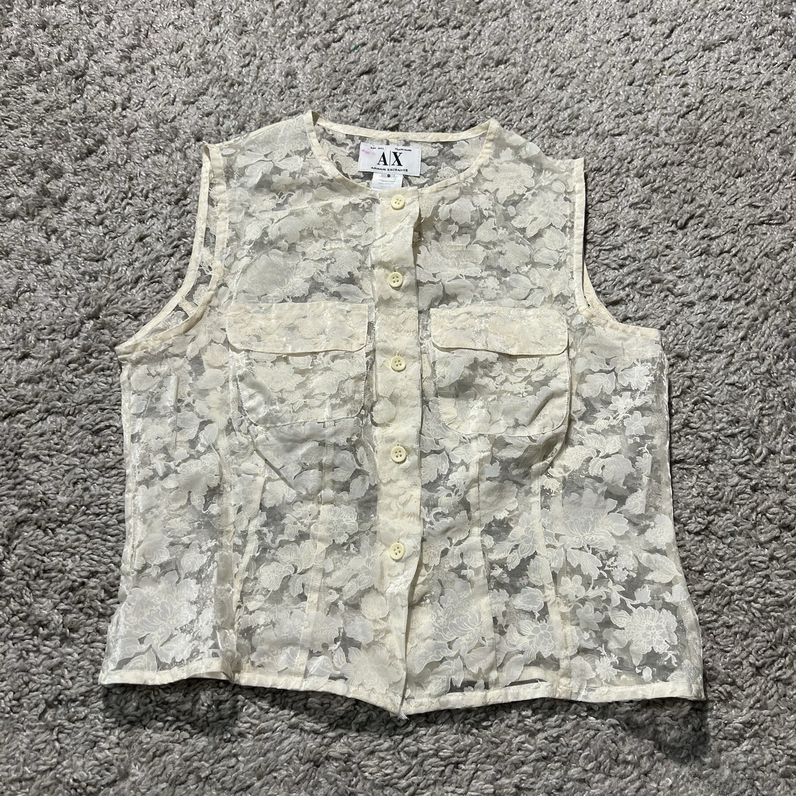 Vintage Armani Exchange Lace Floral Button Tank 90s Made In Italy White Designer