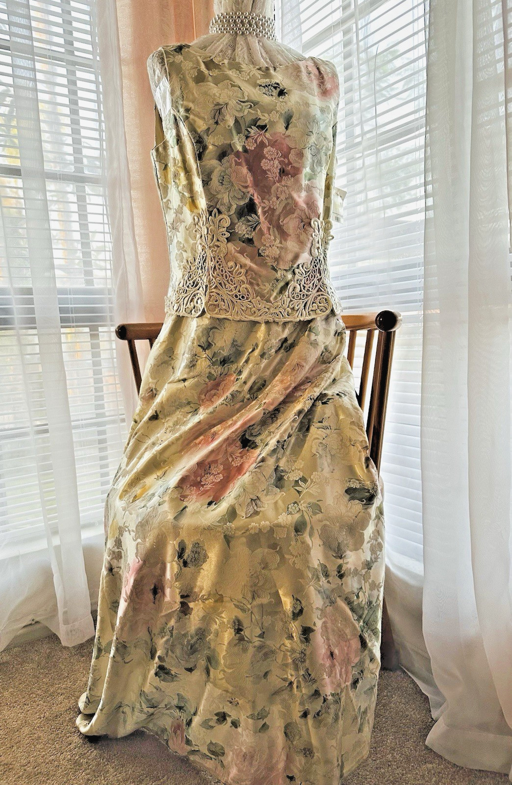 VTGE 80/90s JESSICA McCLINTOCK FLORAL BROCADE BEIGE FLOWY PEPLUM FORMAL DRESS 14