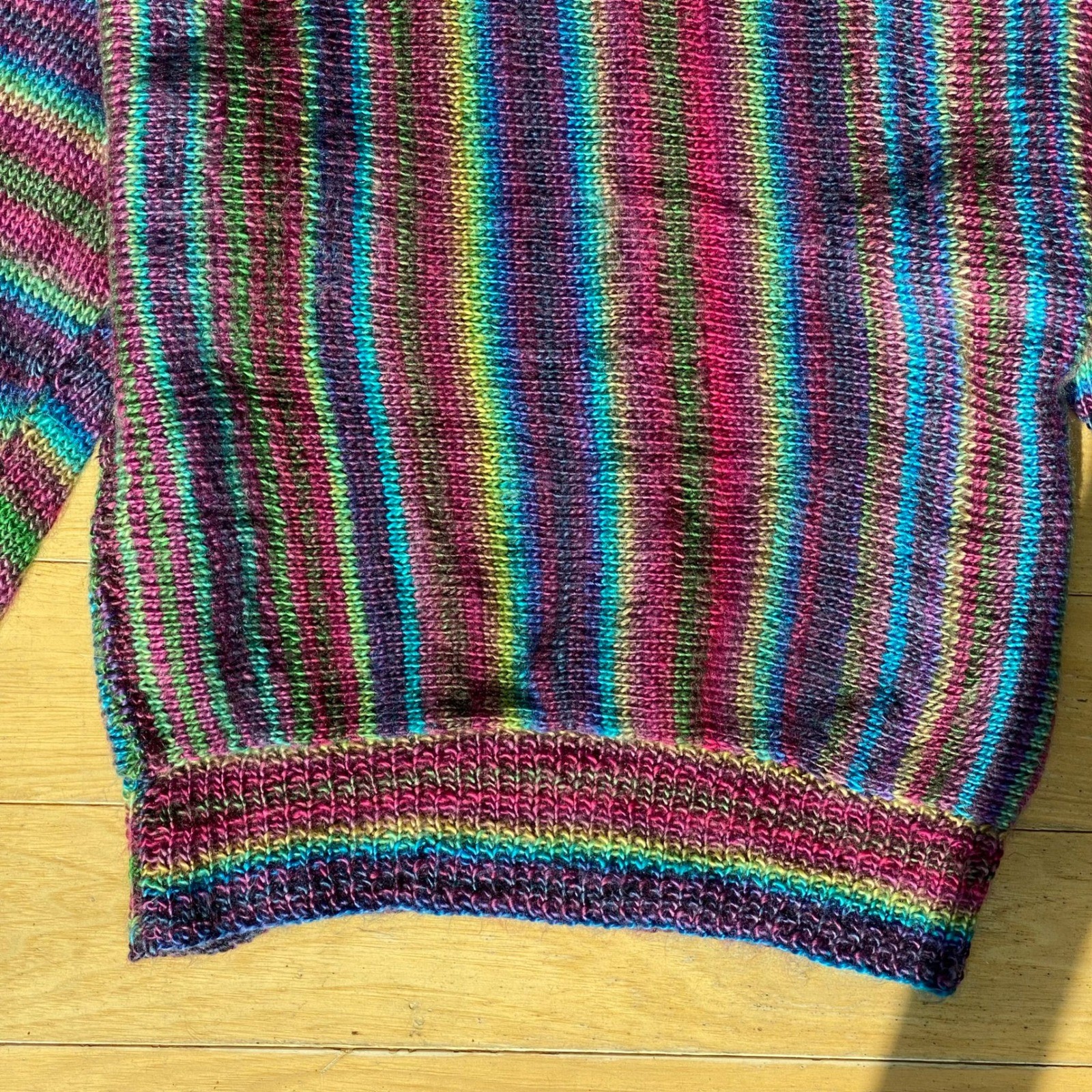 VTG Handknit Colorful Striped Balloon Sleeve Bubble Hem Sweater Twee Grandmacore