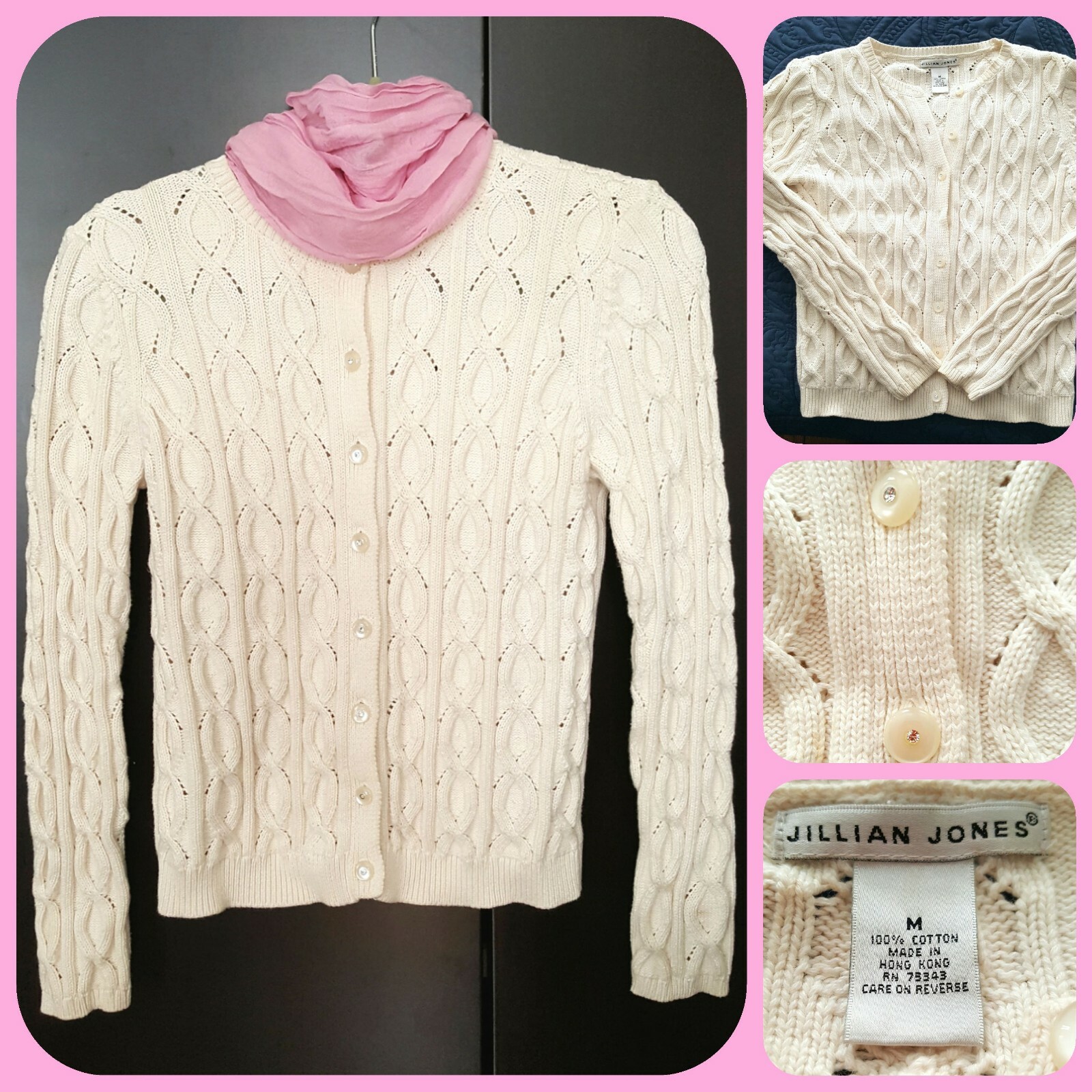 Vintge Jillian Jones Ivory Cotton Sweater Cardigan Rhineston Button M See Measur
