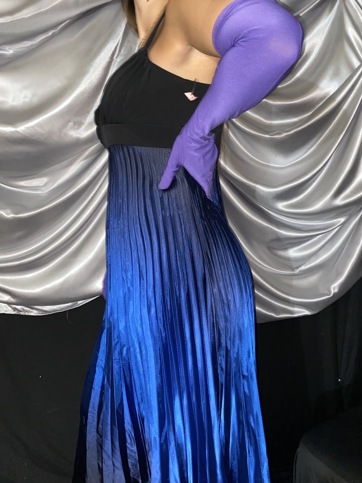 VTG SATIN BLUE OMBRE SHINY CRYSTAL ACCORDIAN PLEAT MAXI FORMAL DRESS 12 FERNELL