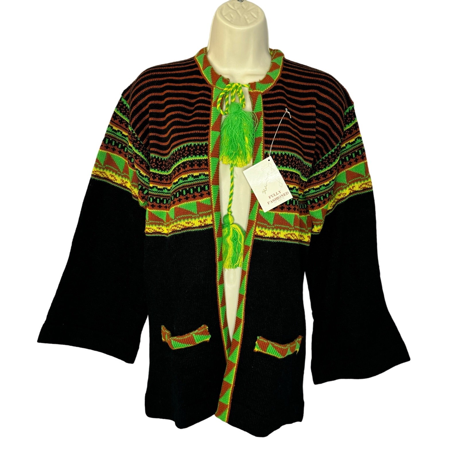 Helen Sue Vtg 70s Southwest Motifs Print Cardigan Tassel Tie Closure Bohemian L