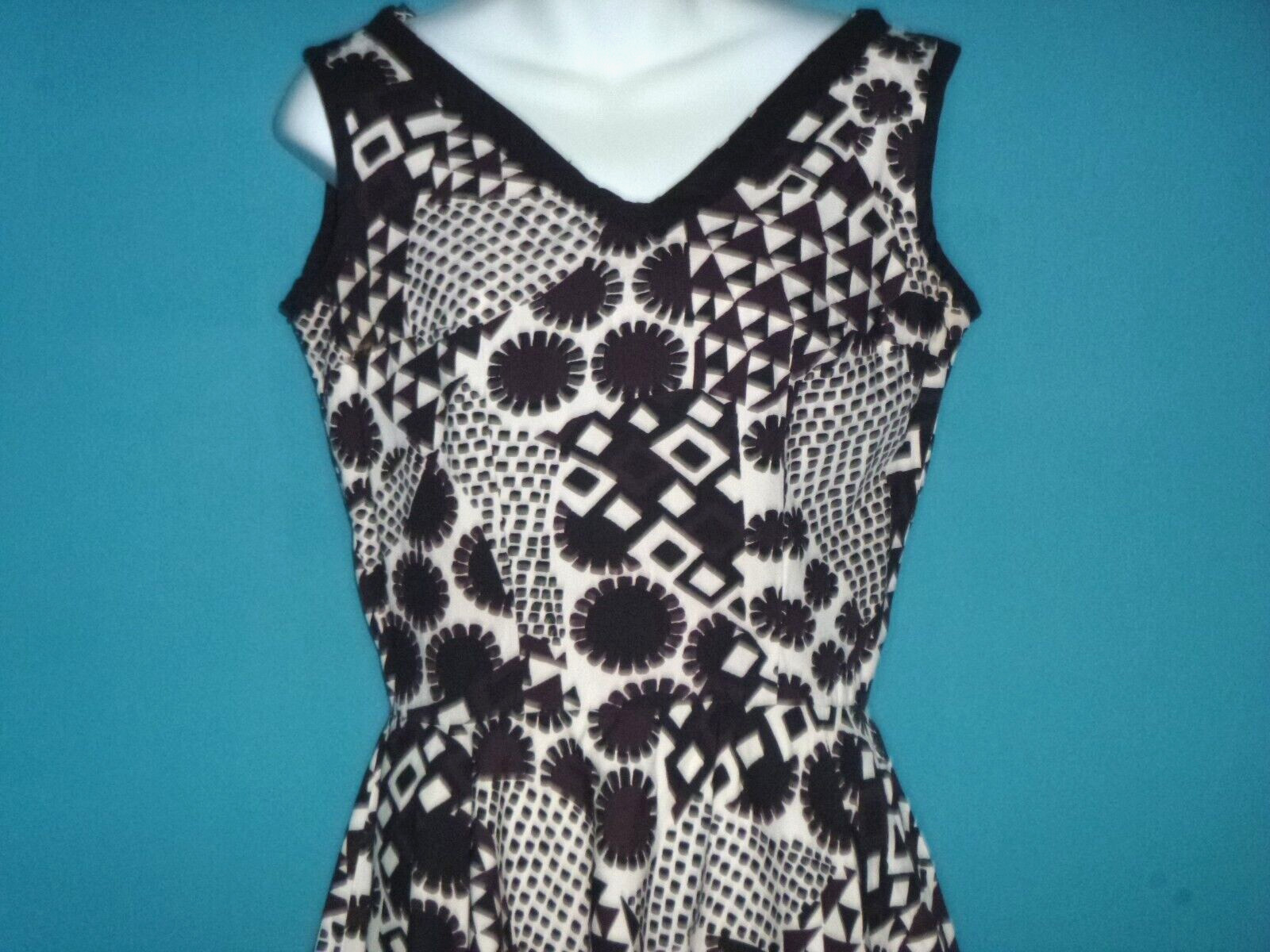 Vtg 60s Fit and Flare Dress MOD Black Brown White Abstract Floral Print Sz S/M
