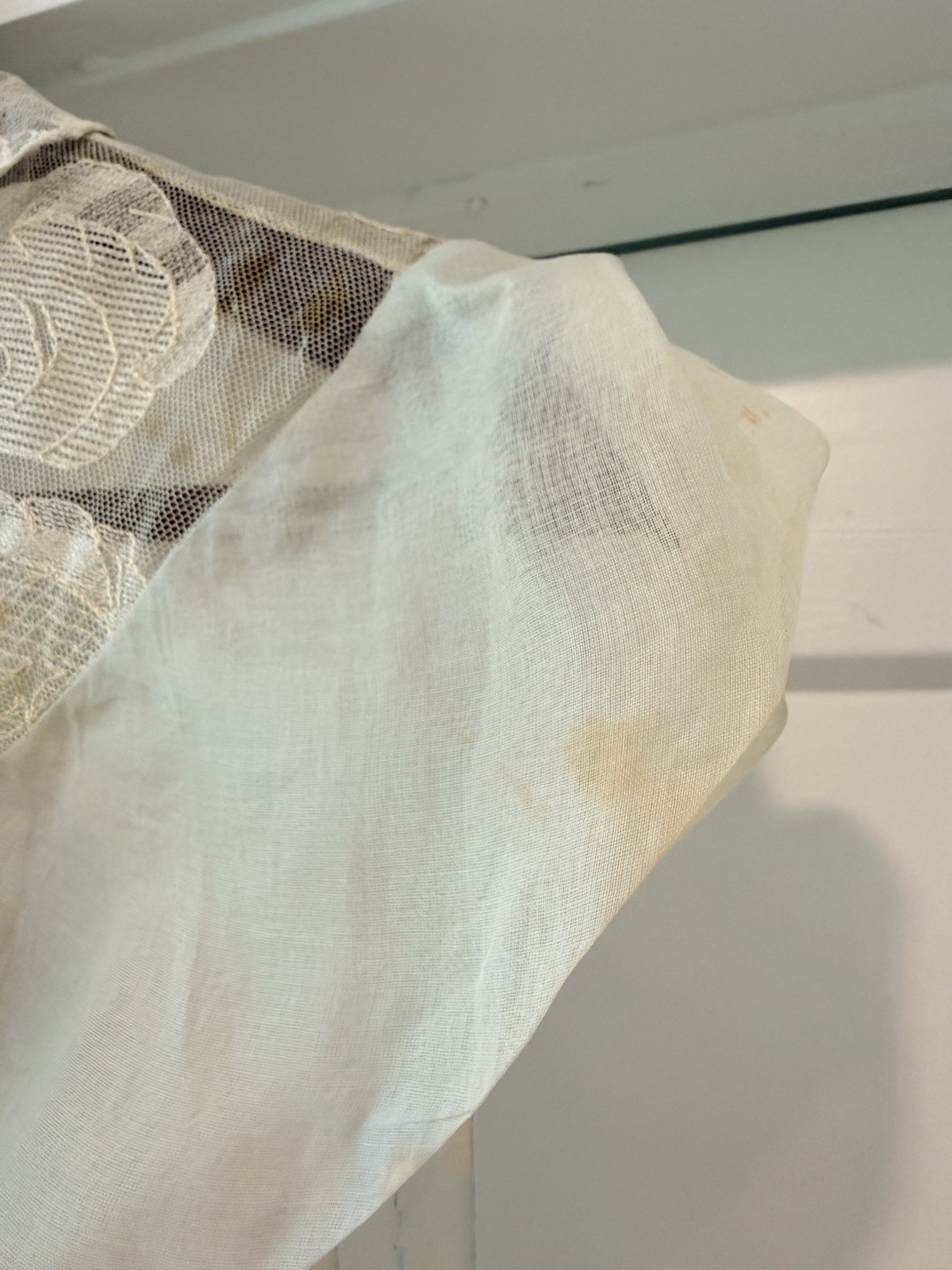 Vintage 1930s Sheer Blue Organdy Blouse Embroidered Lace Ruffle Collar Art Deco