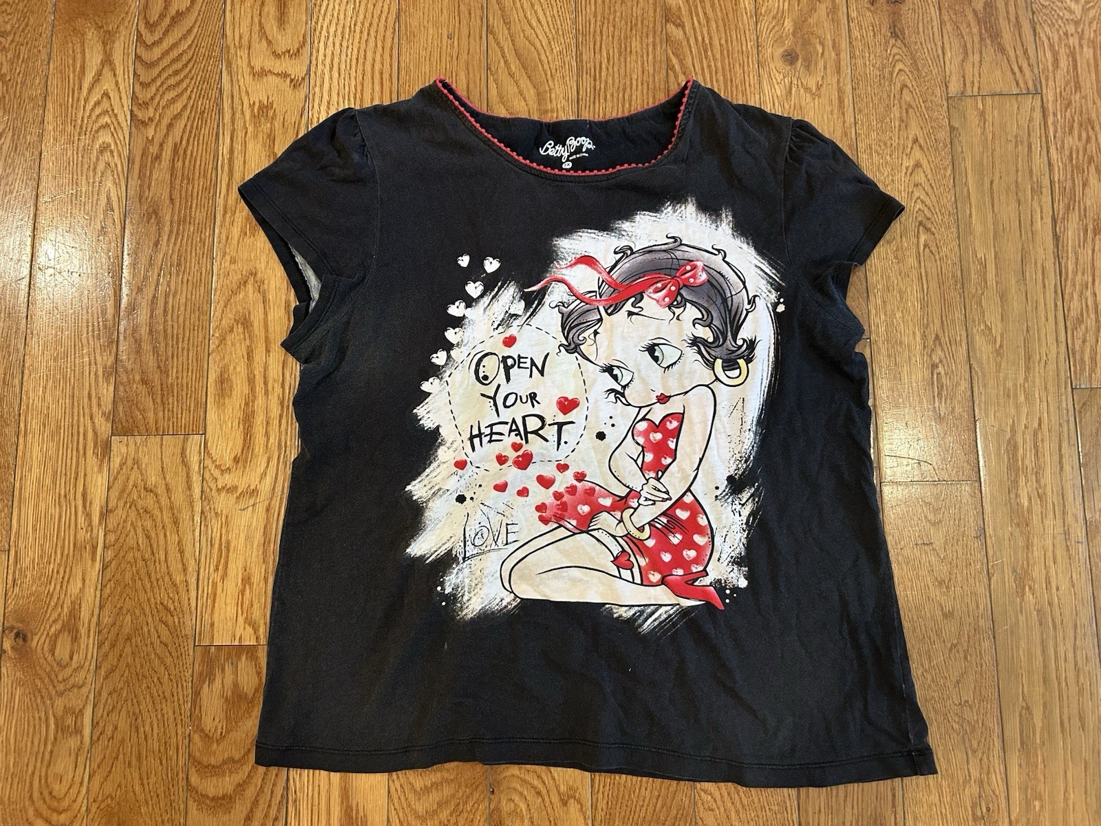 Vtg Betty Boop T-Shirt Women’s Size 2X Black Open Your Heart Love Tee Shirt Y2K