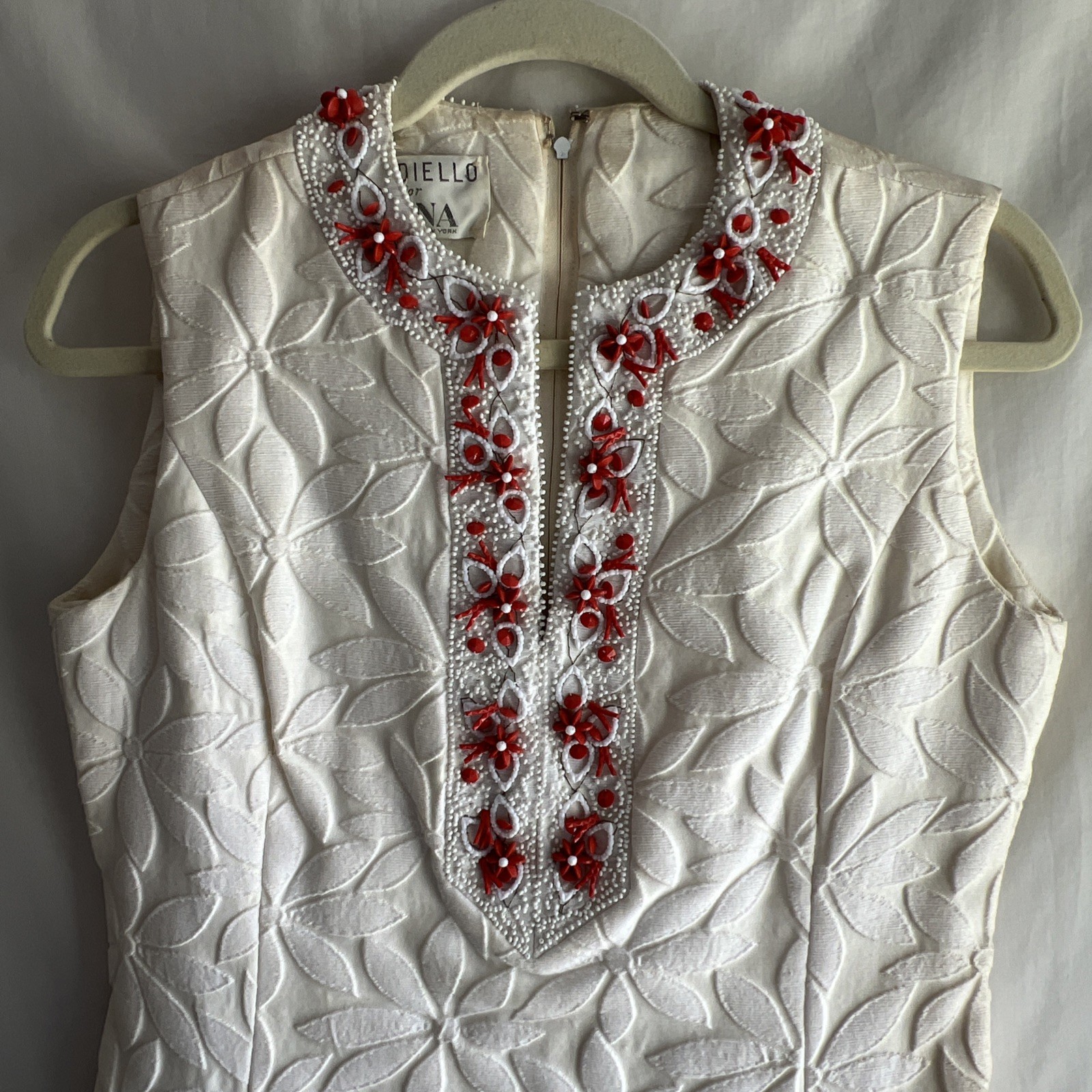 1960s Nardiello For Rona Sleeveless Dress Embossed Floral & Coral Beads Pockets!