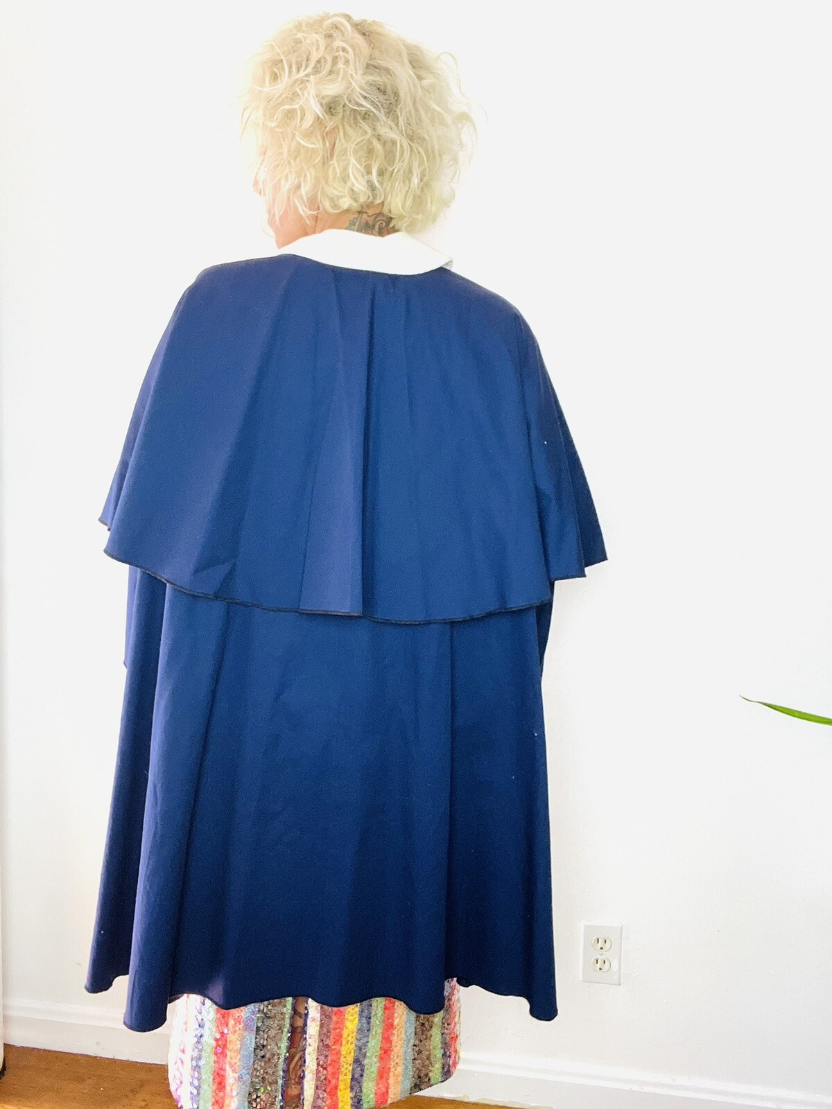 1980’s 80s Cotton Faille Oversized CAPE Peter Pan Collar Vintage Swing Coat L XL