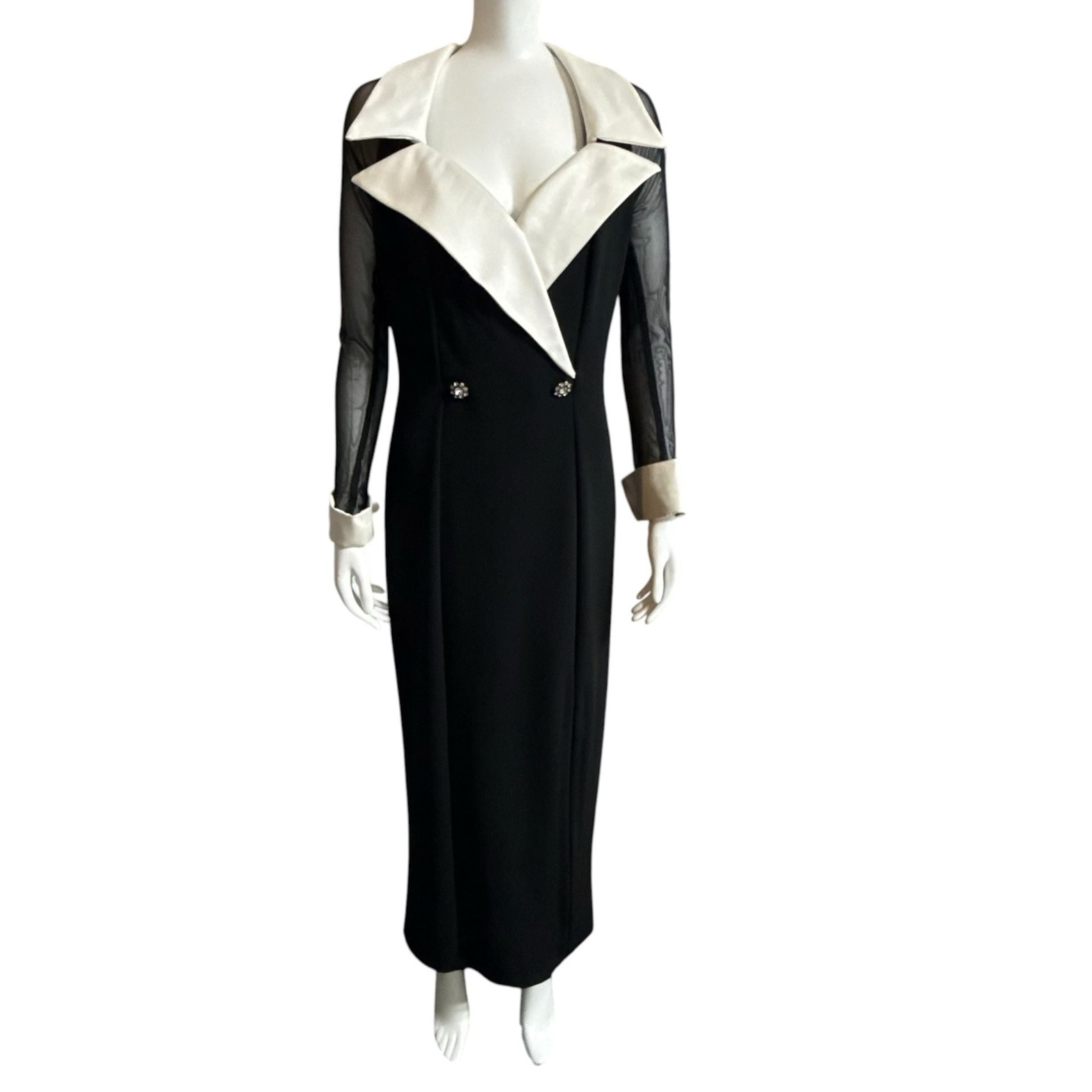Vintage Tuxedo Style Formal Maxi Dress with Sheer Sleeves and Contrast Lapels