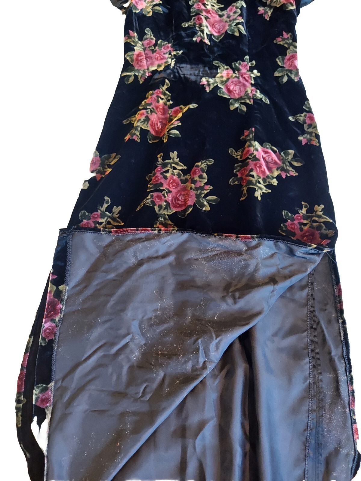Vtg Long Black Floral Velvet Cheongsam Short Sleeved Sz 6 Erika Eriksson