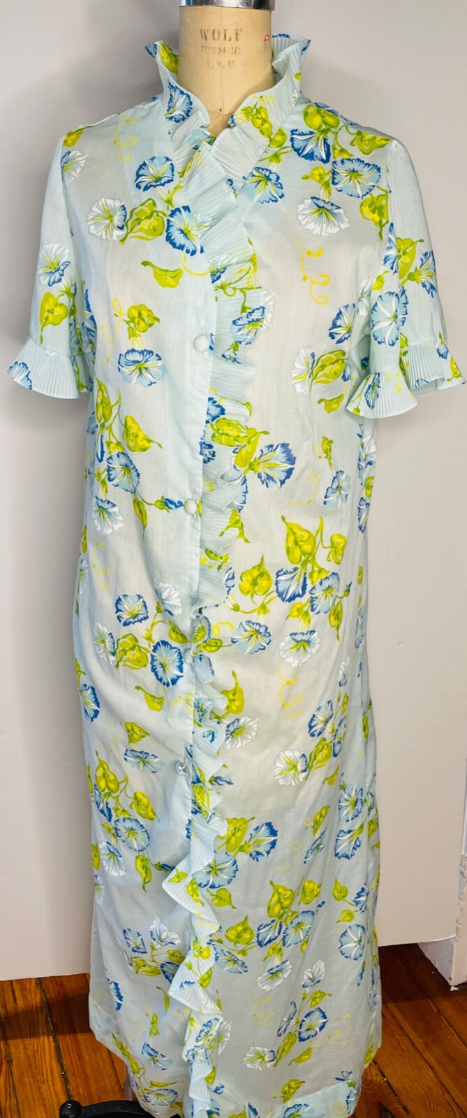 VTG 60’S MOD LORI TILL BLUE GREEN YELLOW FLORAL RUFFLE MAXI HOUSE DRESS ROBE*S/M
