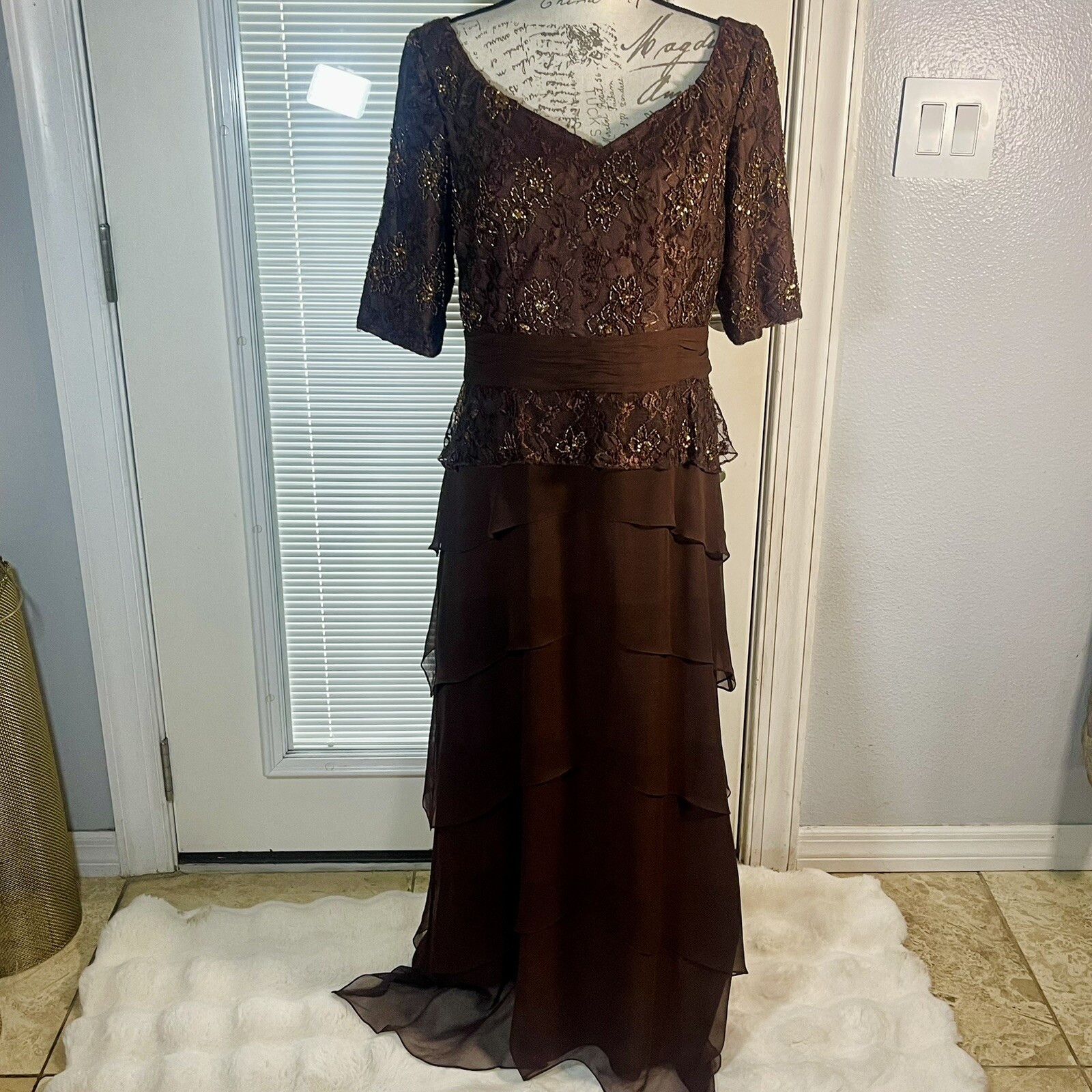 Camila Elbaz Vtg Mother Of The Bride Lace Sequin Ruffled Tier Spain Silk Dress