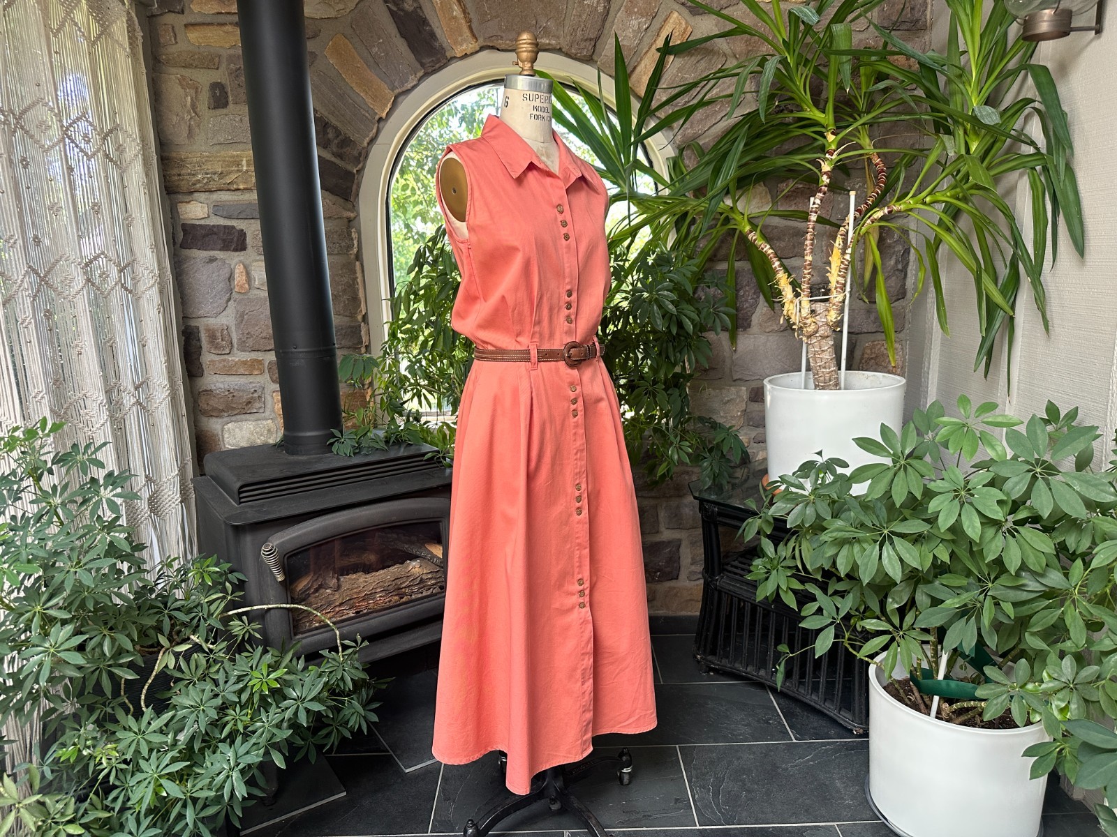 Vintage 1990s Muted Coral Cotton Denim Button Front Dress Fads