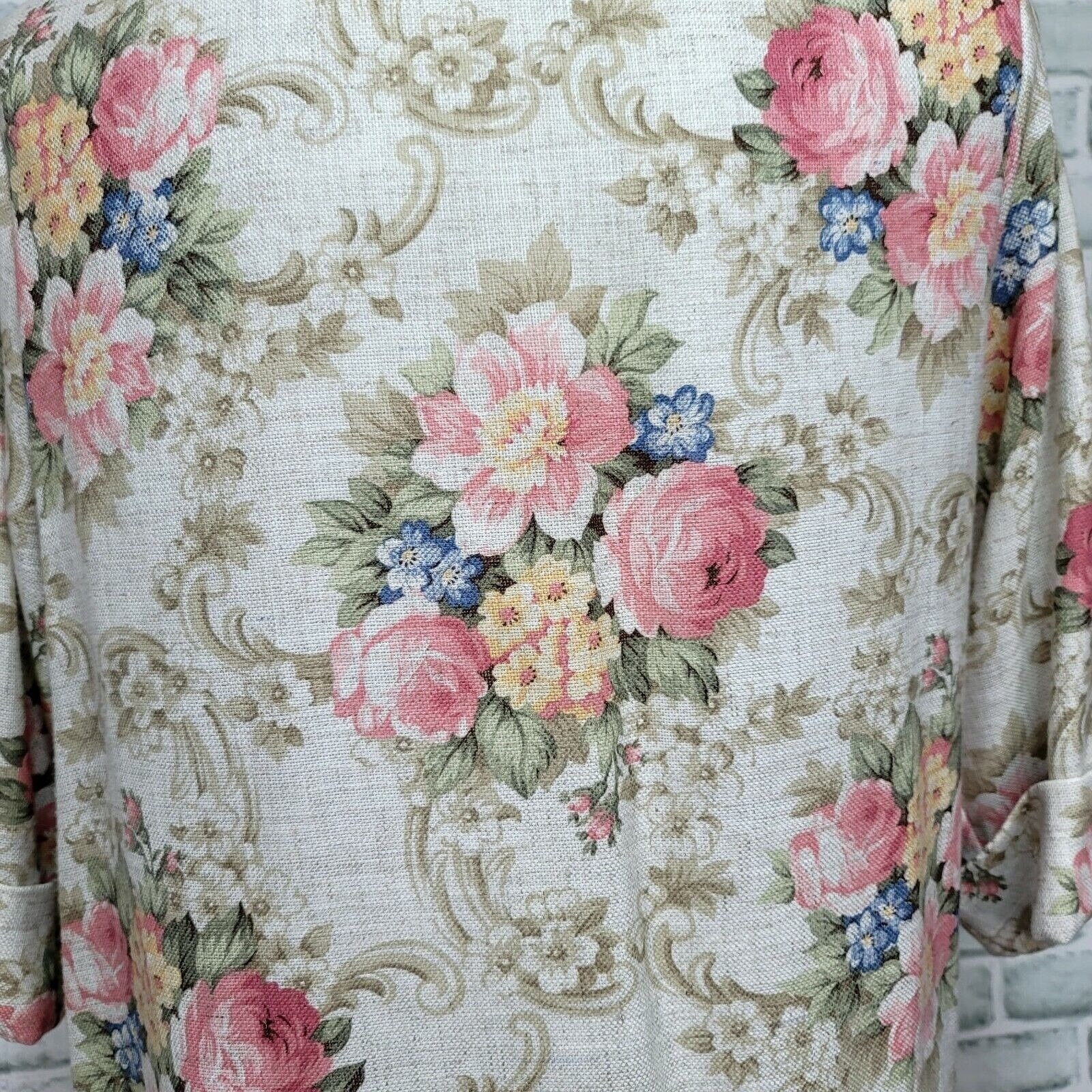 Vintage Joanna Womens L Cottagecore Floral 3/4 Cuffed Sleeve Open Front Blazer