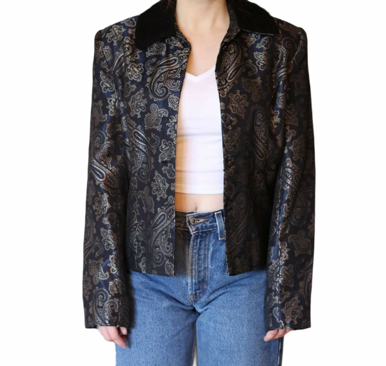 Vintage Y2K McClintock Gold Paisley Brocade NavyBlazer Jacket Faux Fur Collar