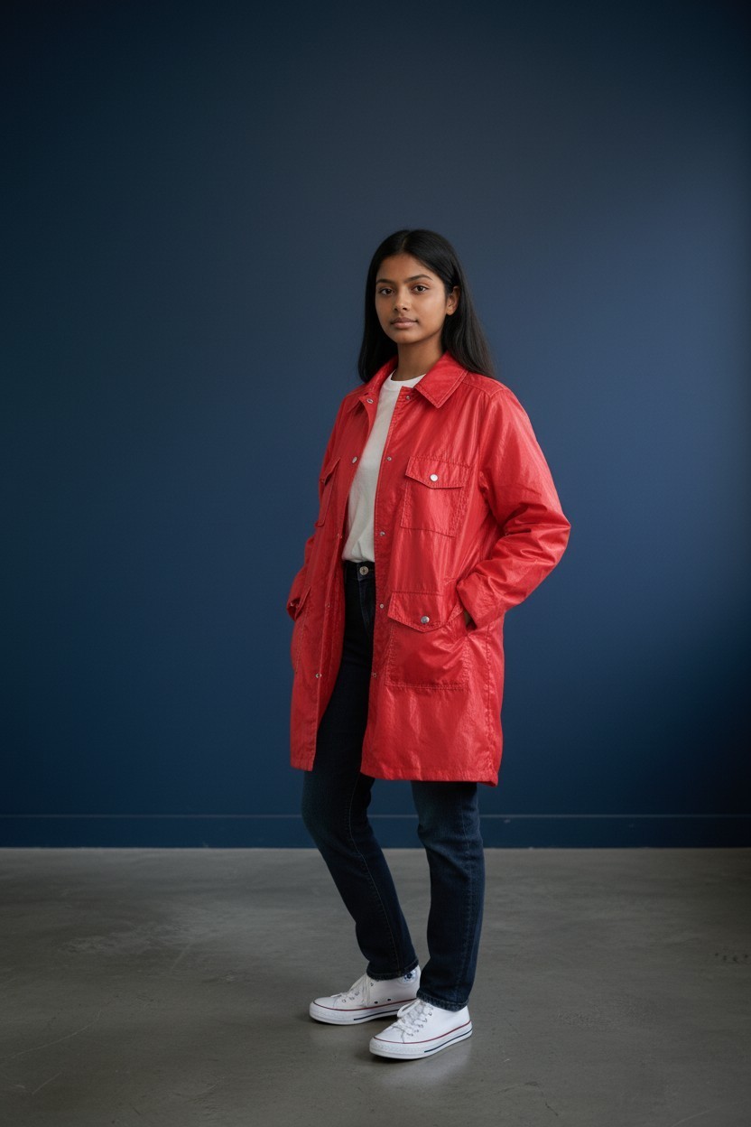 Red Mod Raincoat; Above-Knee With Pockets; Size 6-7 Nylon/All-Season
