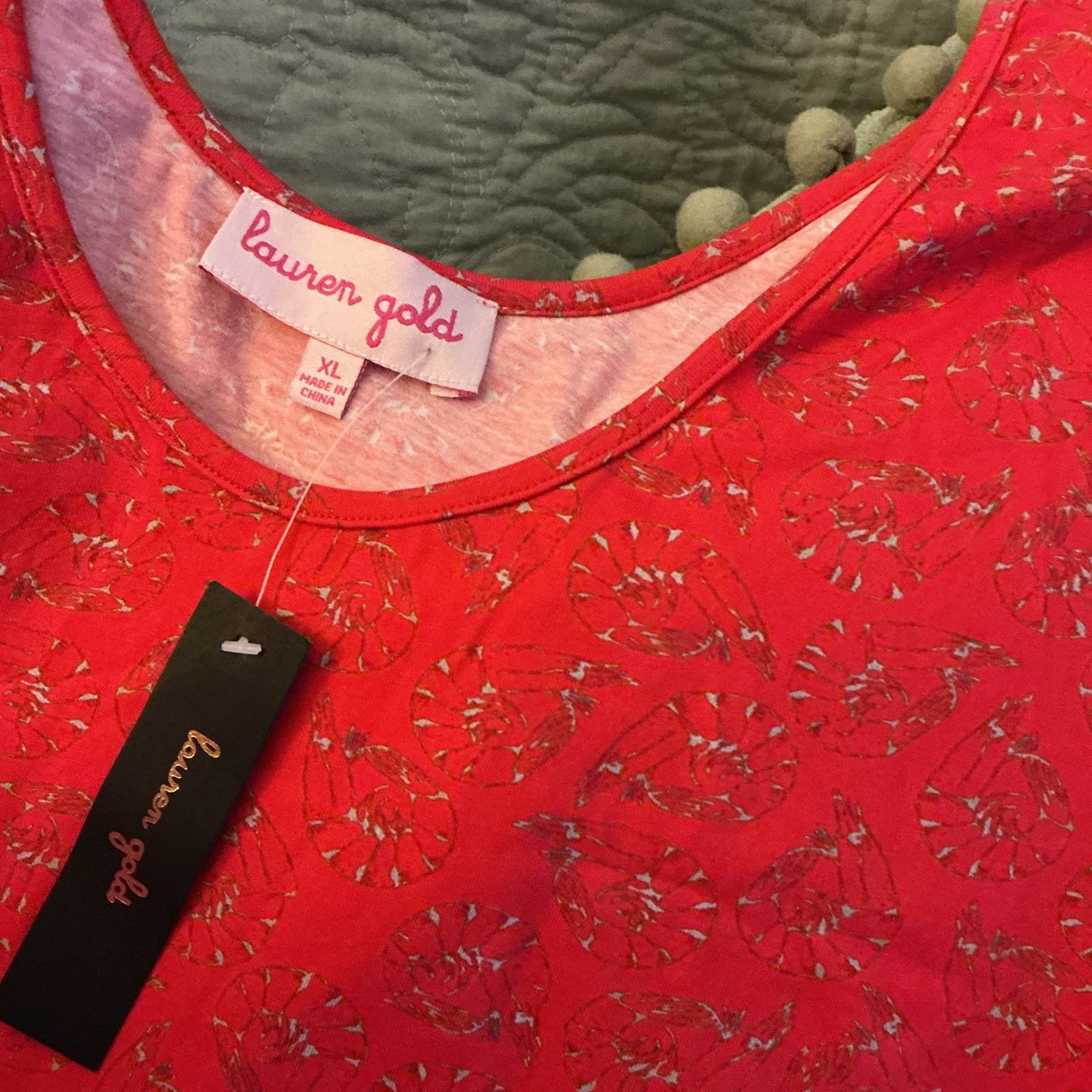 Lauren Gold Red Floral Scoop Neck 3/4 Sleeve Pullover Tunic Top Women’s XL
