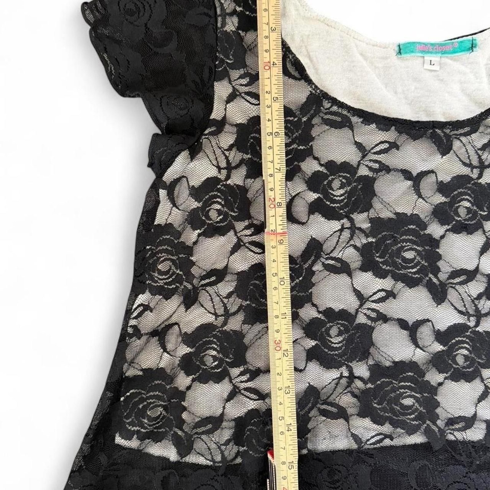 Black Lace Blouse with Rhinestone Bow Size L