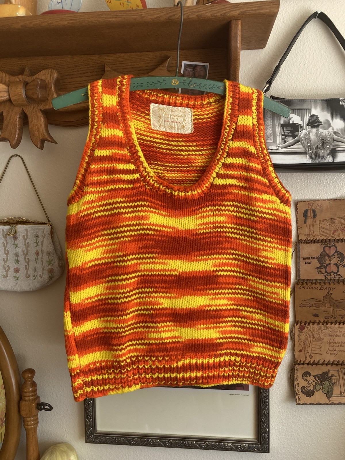 1970s Hand Knit Orange & Yellow Space Dye Sweater Vest