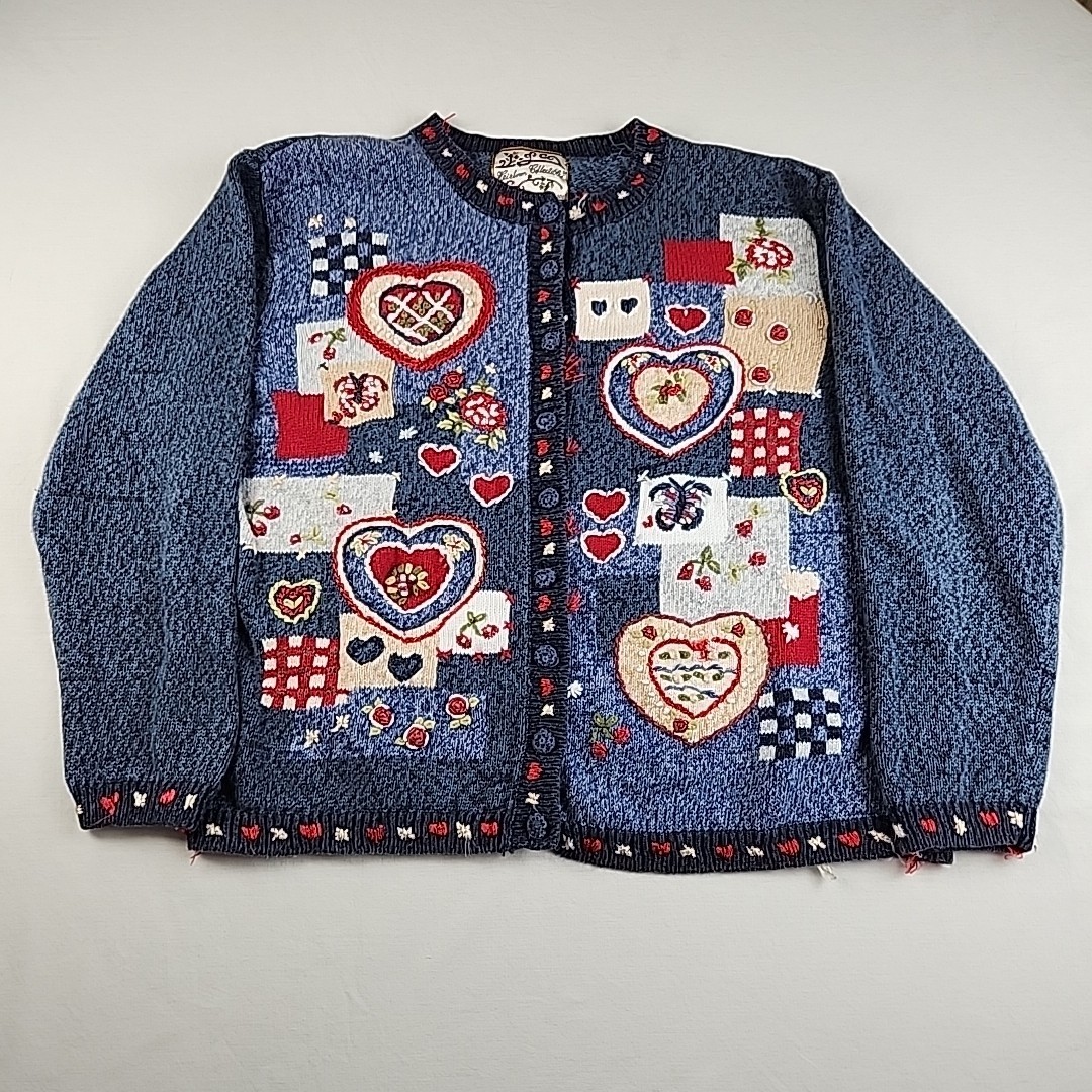 VTG 2003 Womens Blue Embroidered Design Knit Sweater Size L Flowers Hearts Bugs