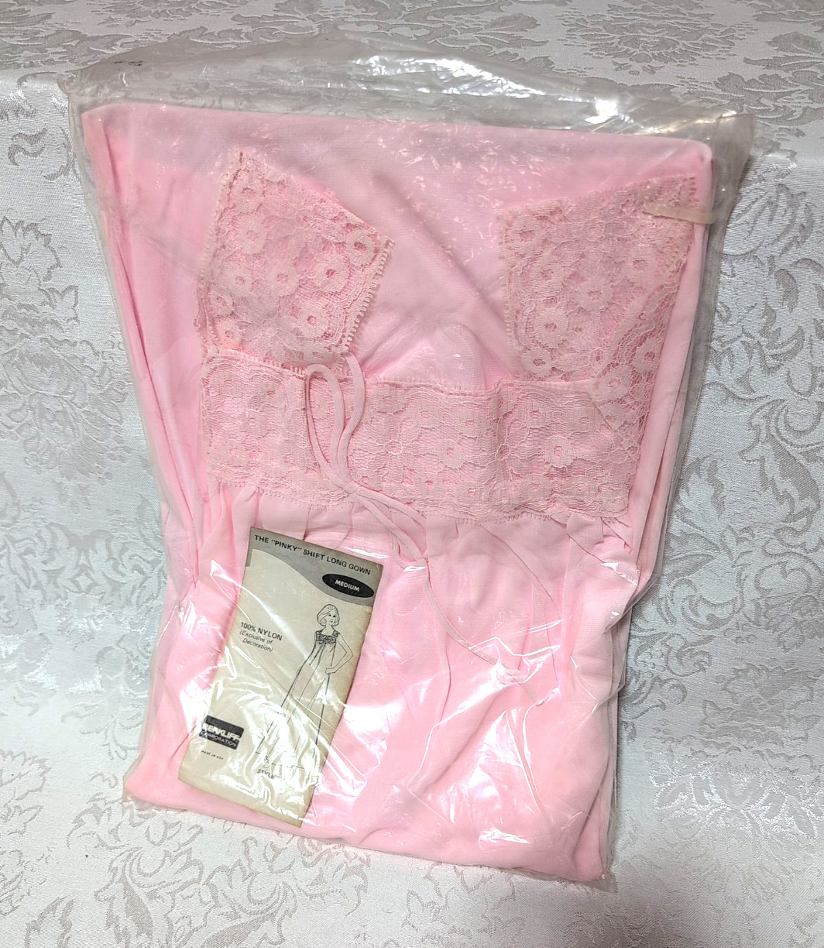 Pink Shift Nightgown Berkliff All Nylon Lace Maxi Gown Vintage NEW