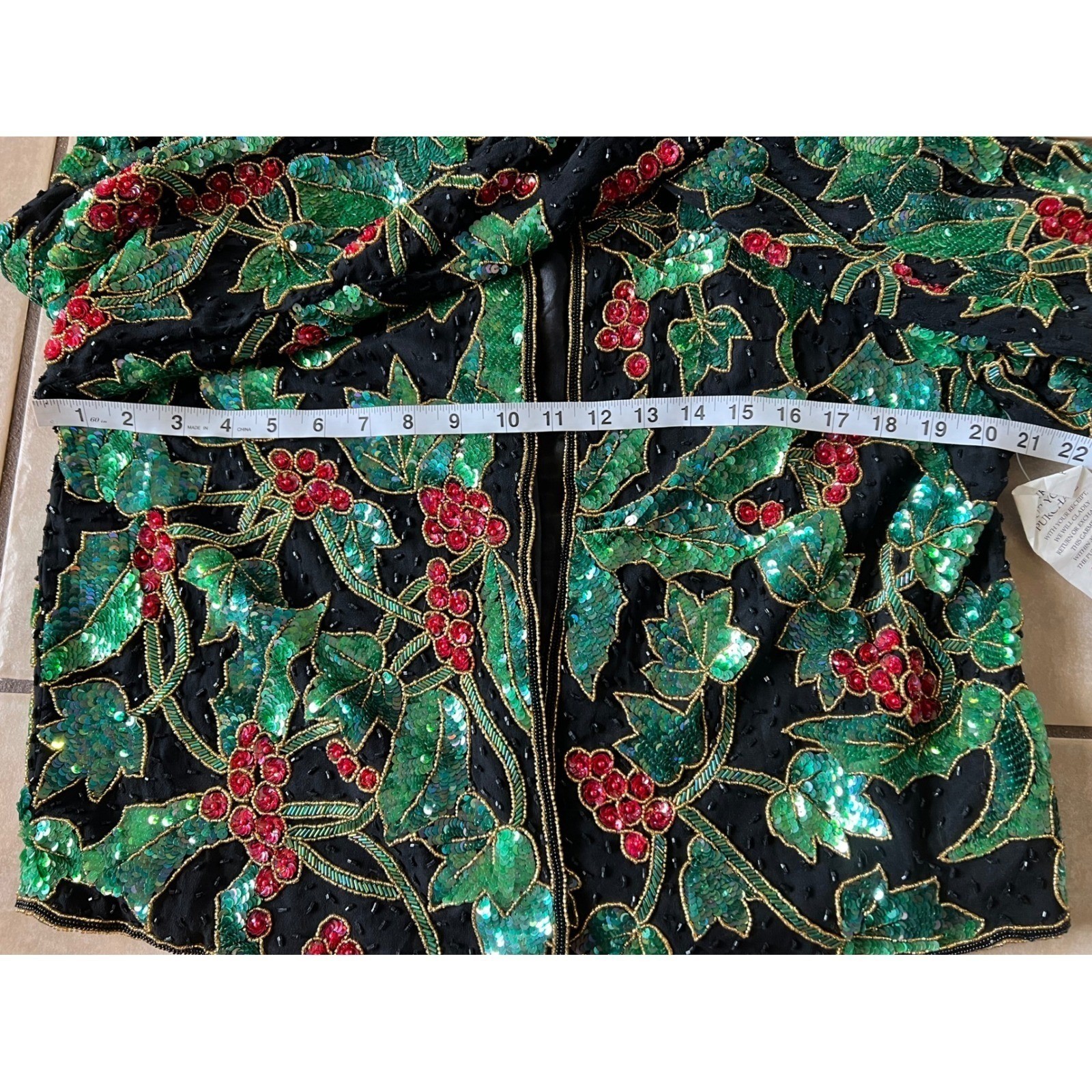 Niteline Della Roufogali Vintage 90s Sequin Holly Berry Silk Jacket NWT Holiday