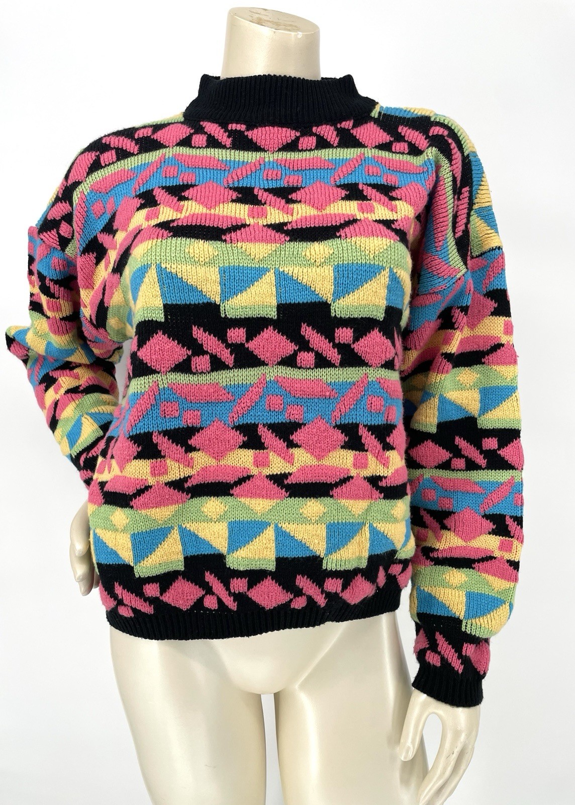 VTG 1980s Rainbow Geometric Oversized Slouchy Retro Mock Neck Knit Sweater med
