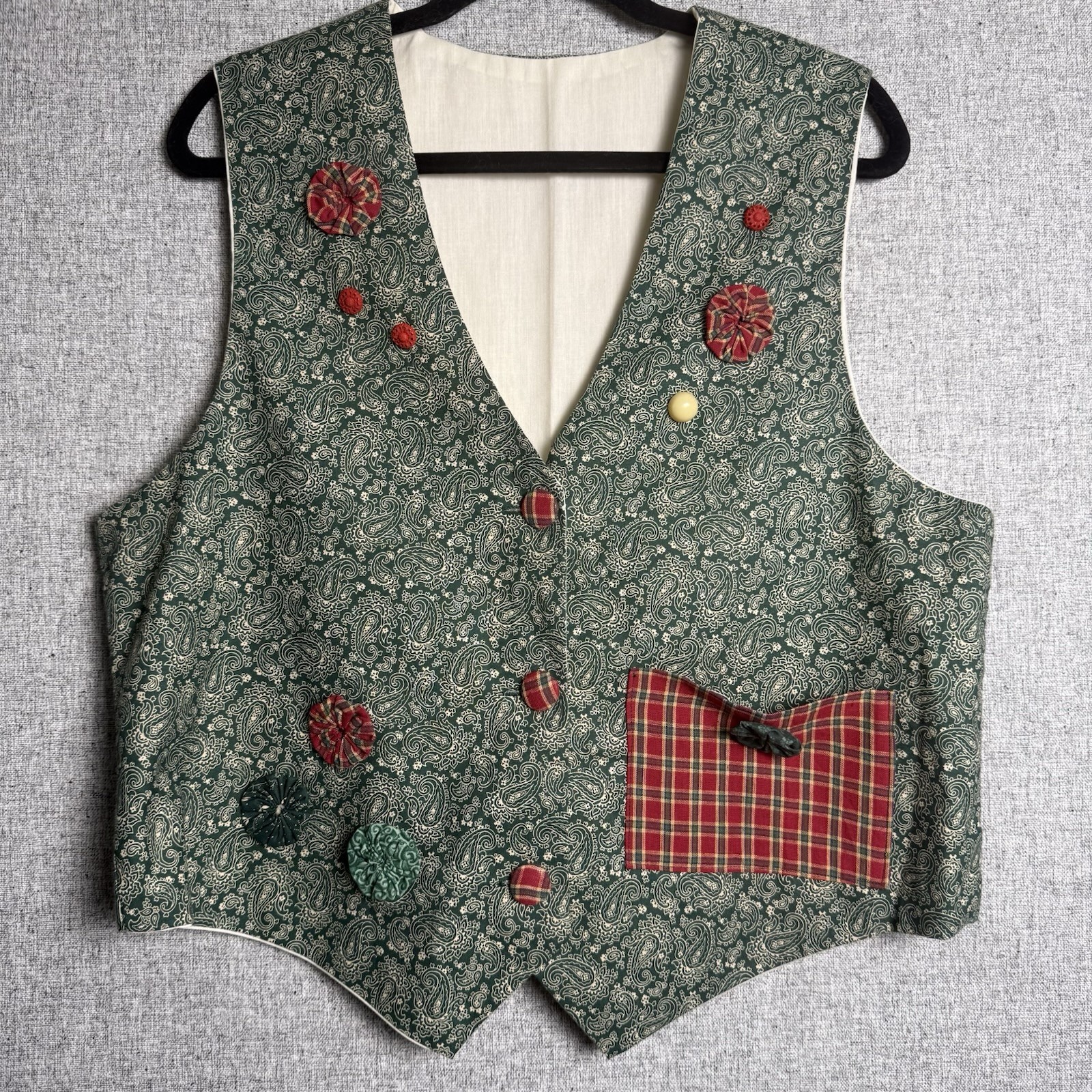 Vintage Handmade Ugly Christmas Holiday Plaid Paisley Red Green Vest Party XL